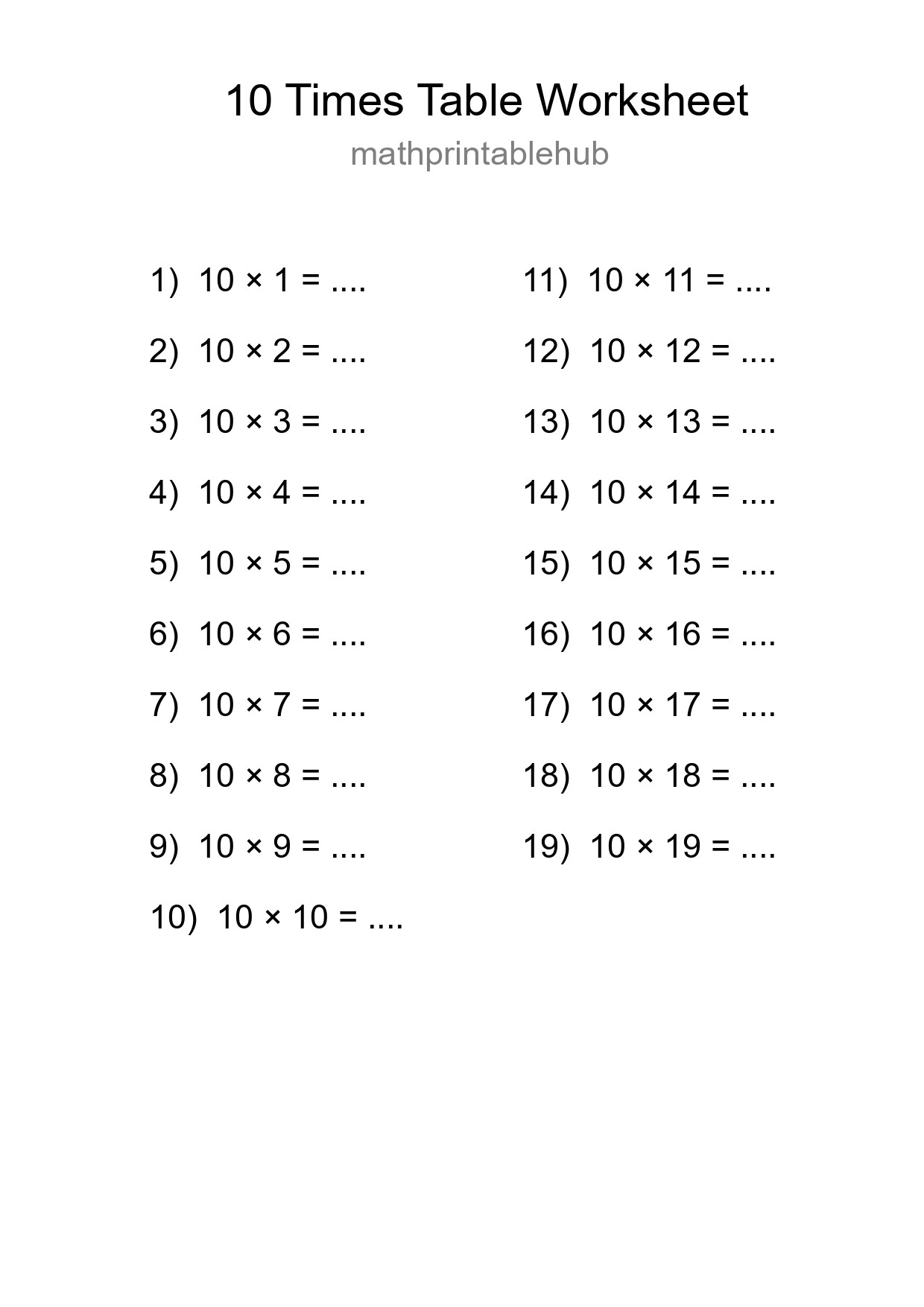 Printable Times Table Worksheet for Grade 3