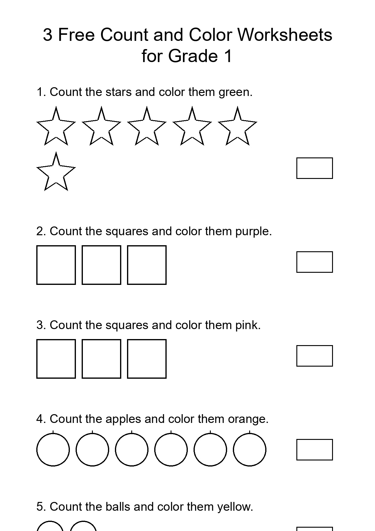 Printable Count and Color Worksheet for Grade 1