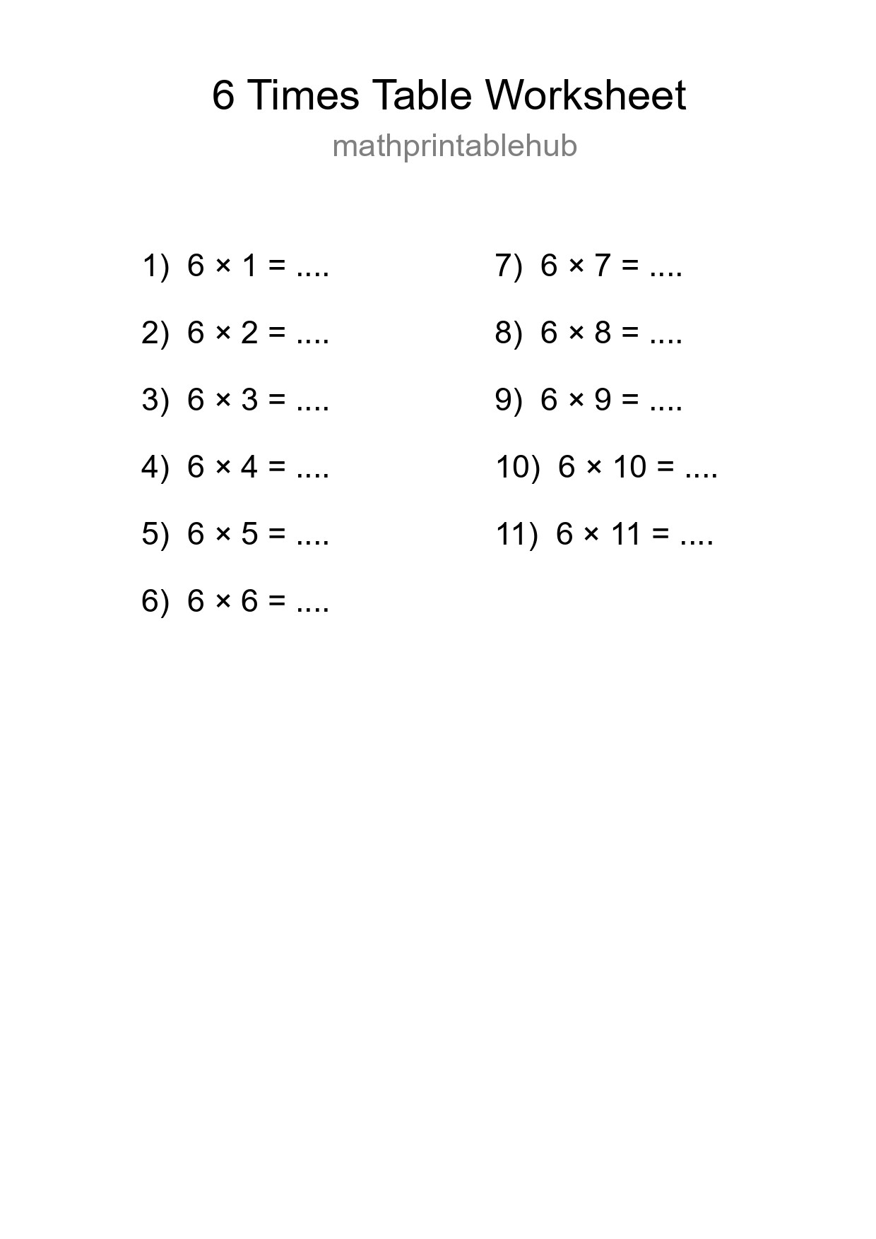 Printable Times Table Worksheet for Grade 3