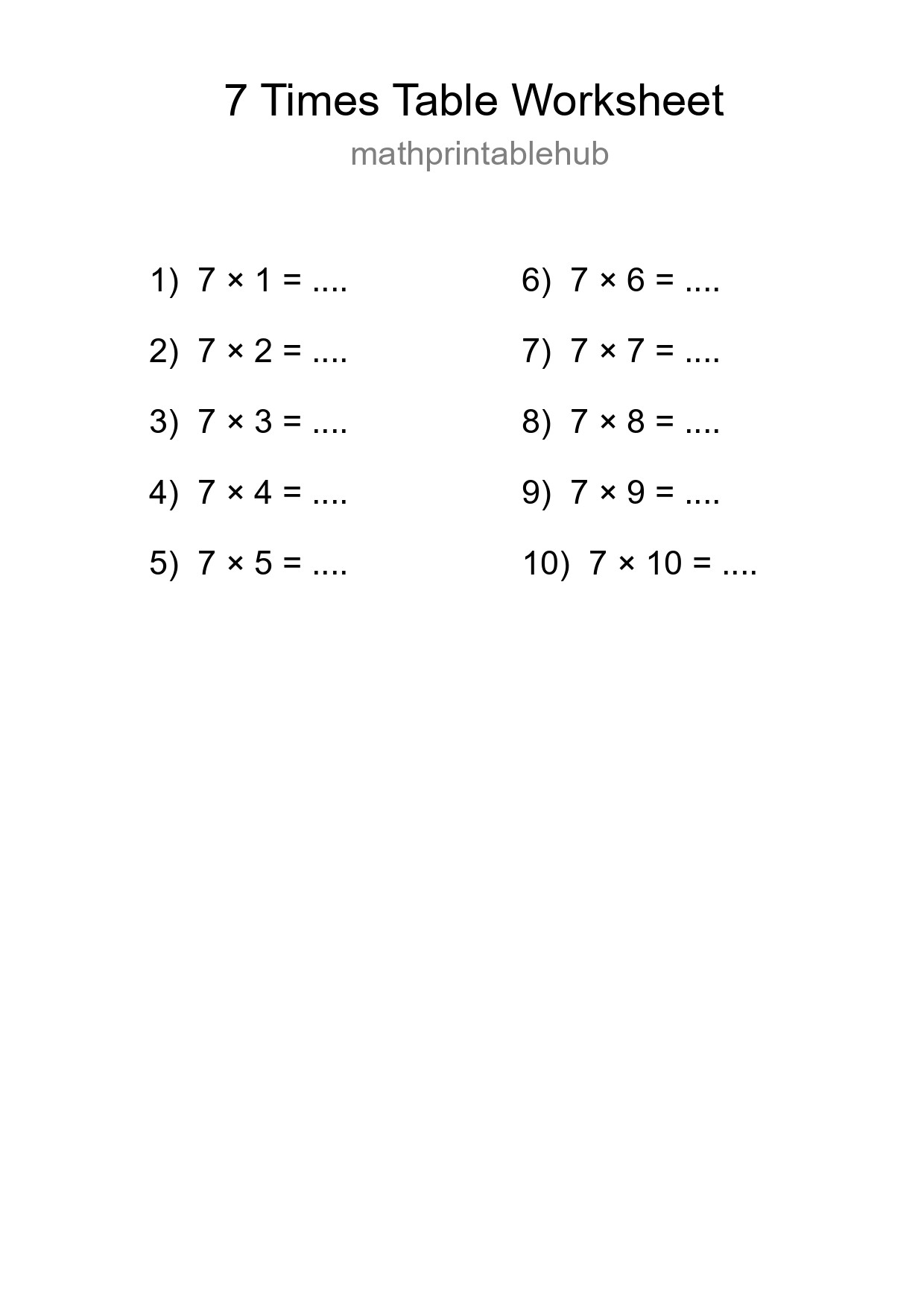 Printable Times Table Worksheet for Grade 3