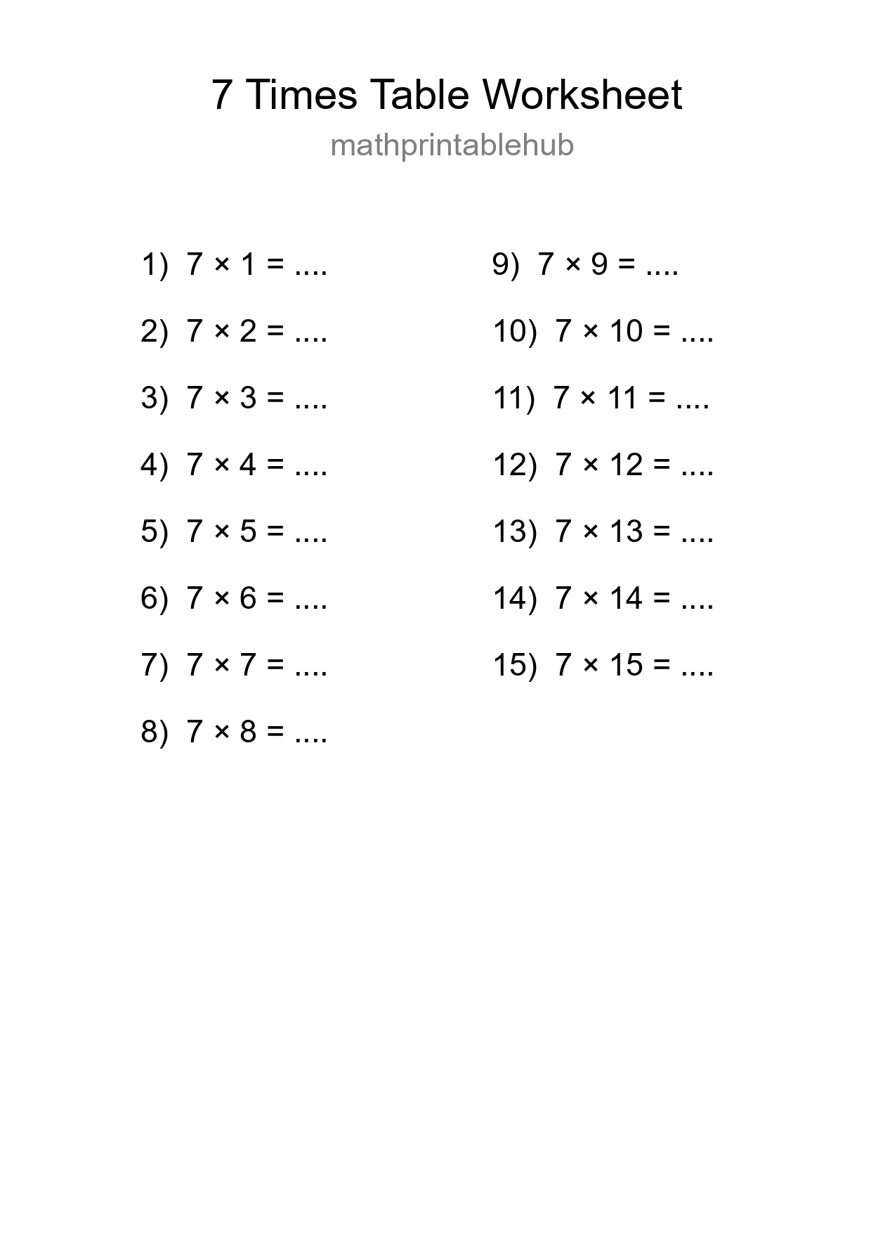 Printable Times Table Worksheet for Grade 3