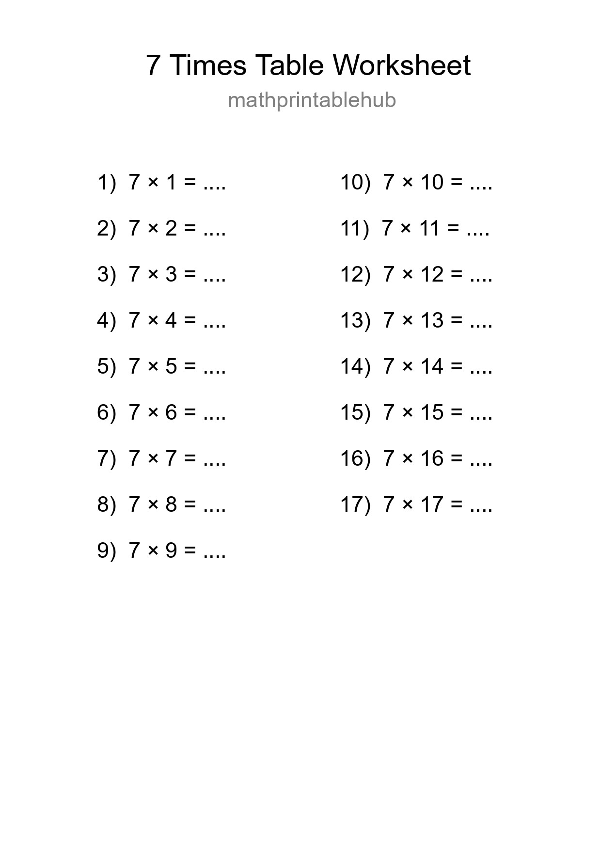 Printable Times Table Worksheet for Grade 3