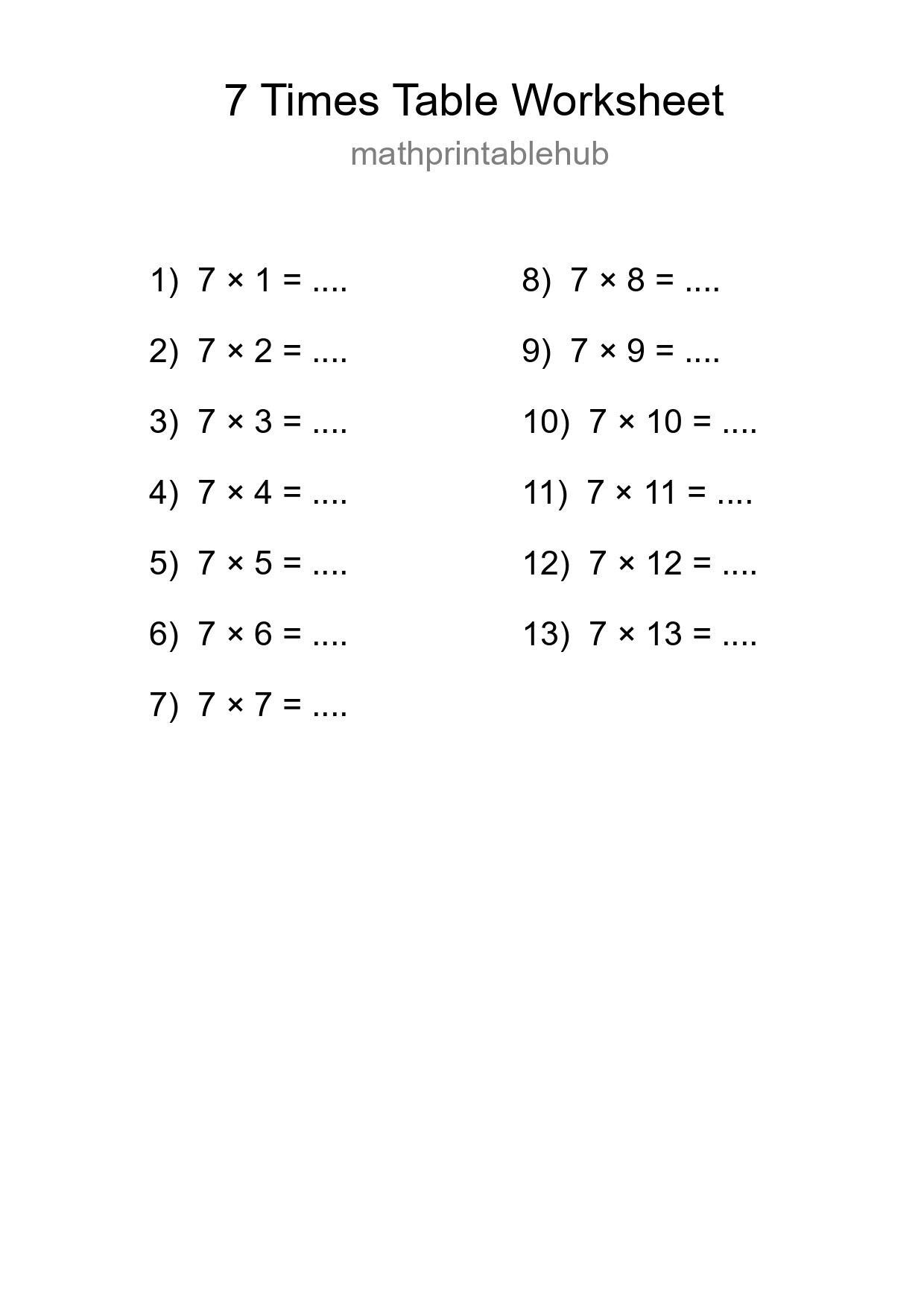 Printable Times Table Worksheet for Grade 3