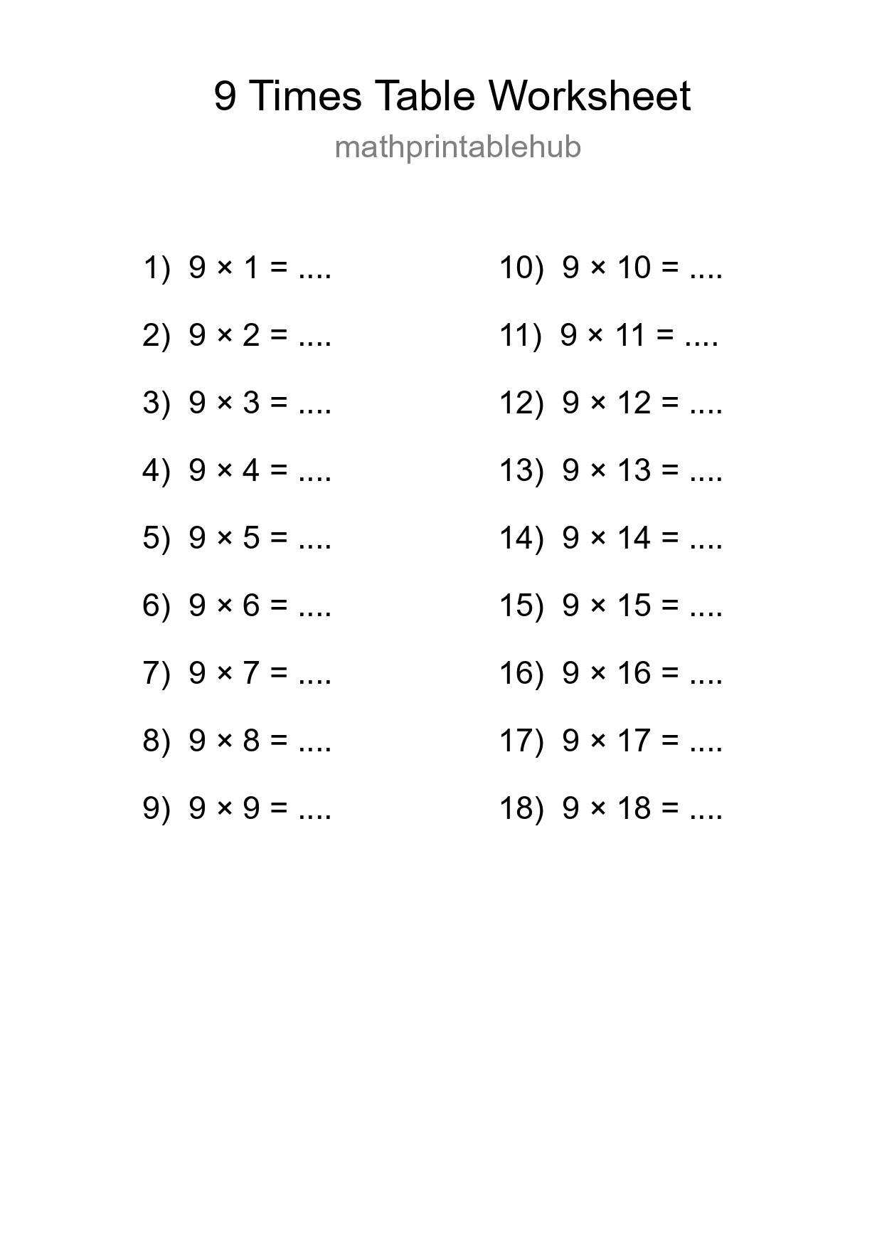 Printable Times Table Worksheet for Grade 3