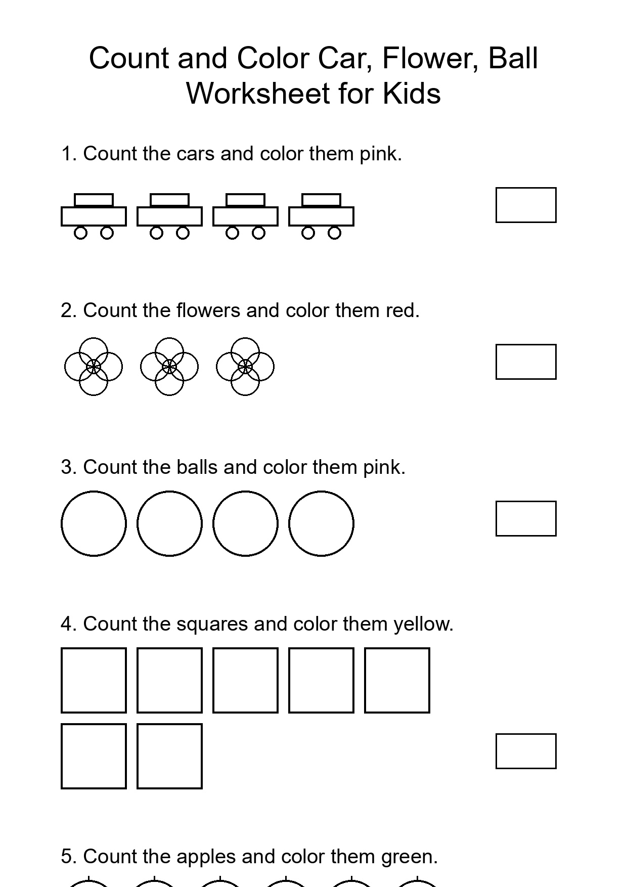 Count and Color Car, Flower, Ball Worksheet for Kids