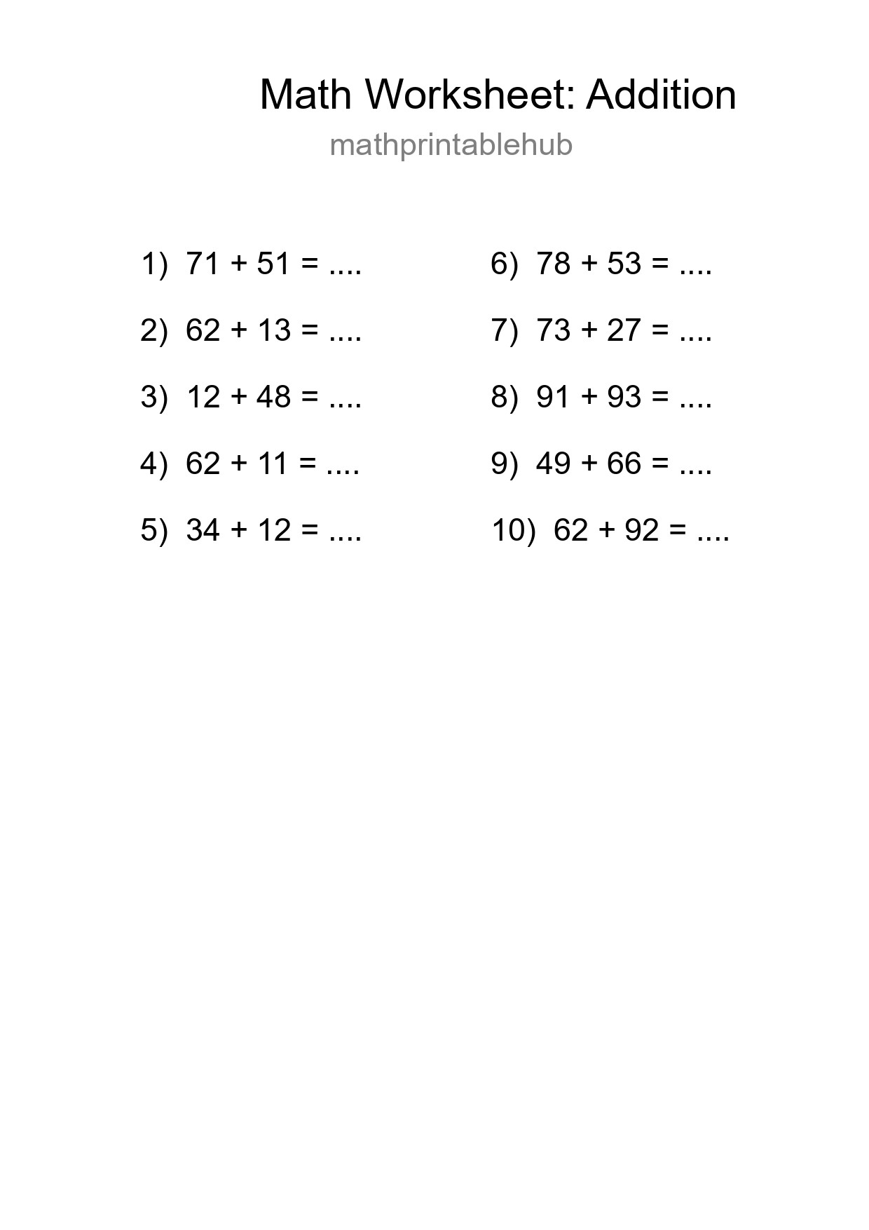 Printable Addition Worksheet for Grade 3