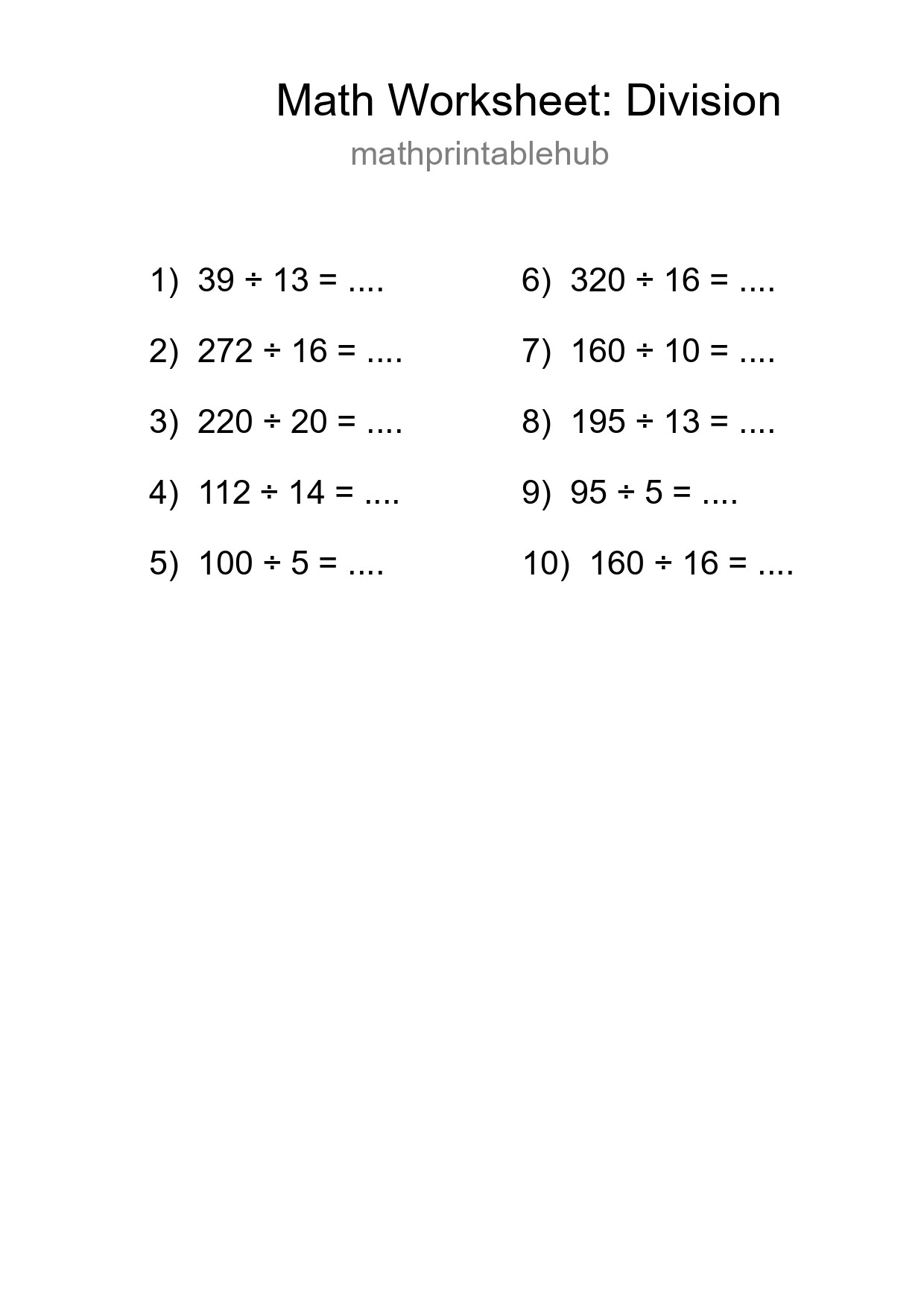 Printable Division Worksheet for Grade 2