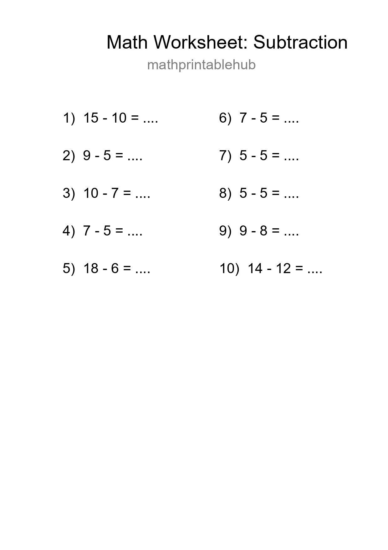 Printable Subtraction Worksheet for Grade 2