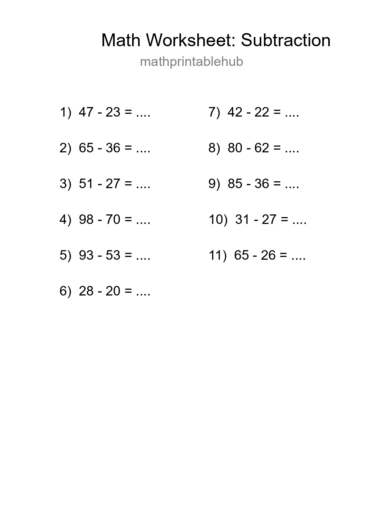 Printable Subtraction Worksheet for Grade 3