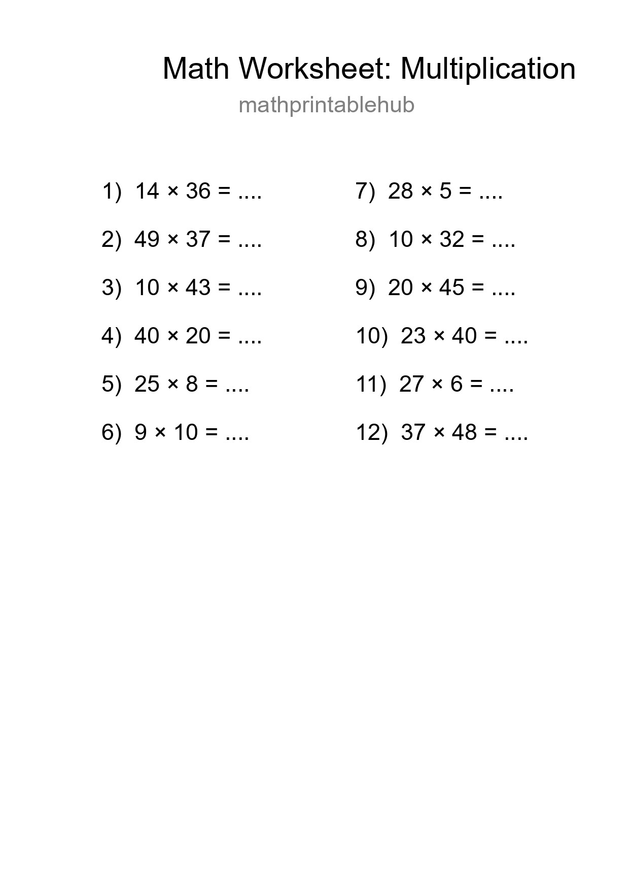 Free 12 Multiplication Math Worksheet For Grade 2 With Answers - Part 77