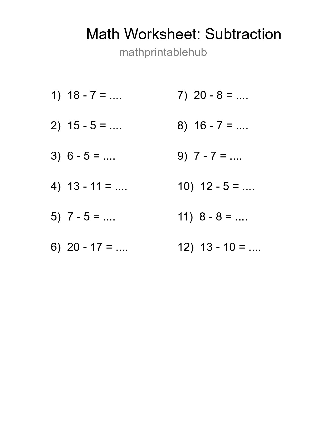 Printable Subtraction Worksheet for Grade 2