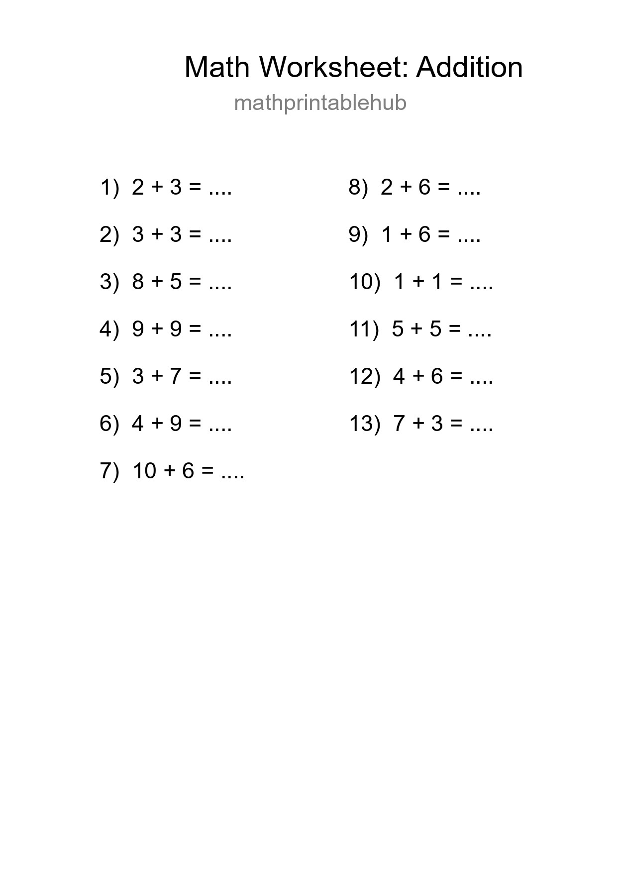 Printable Addition Worksheet for Grade 1