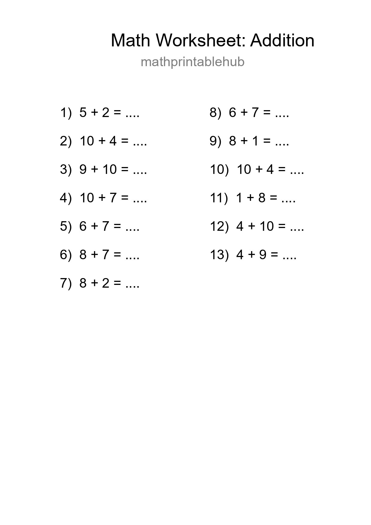 Printable Addition Worksheet for Grade 1