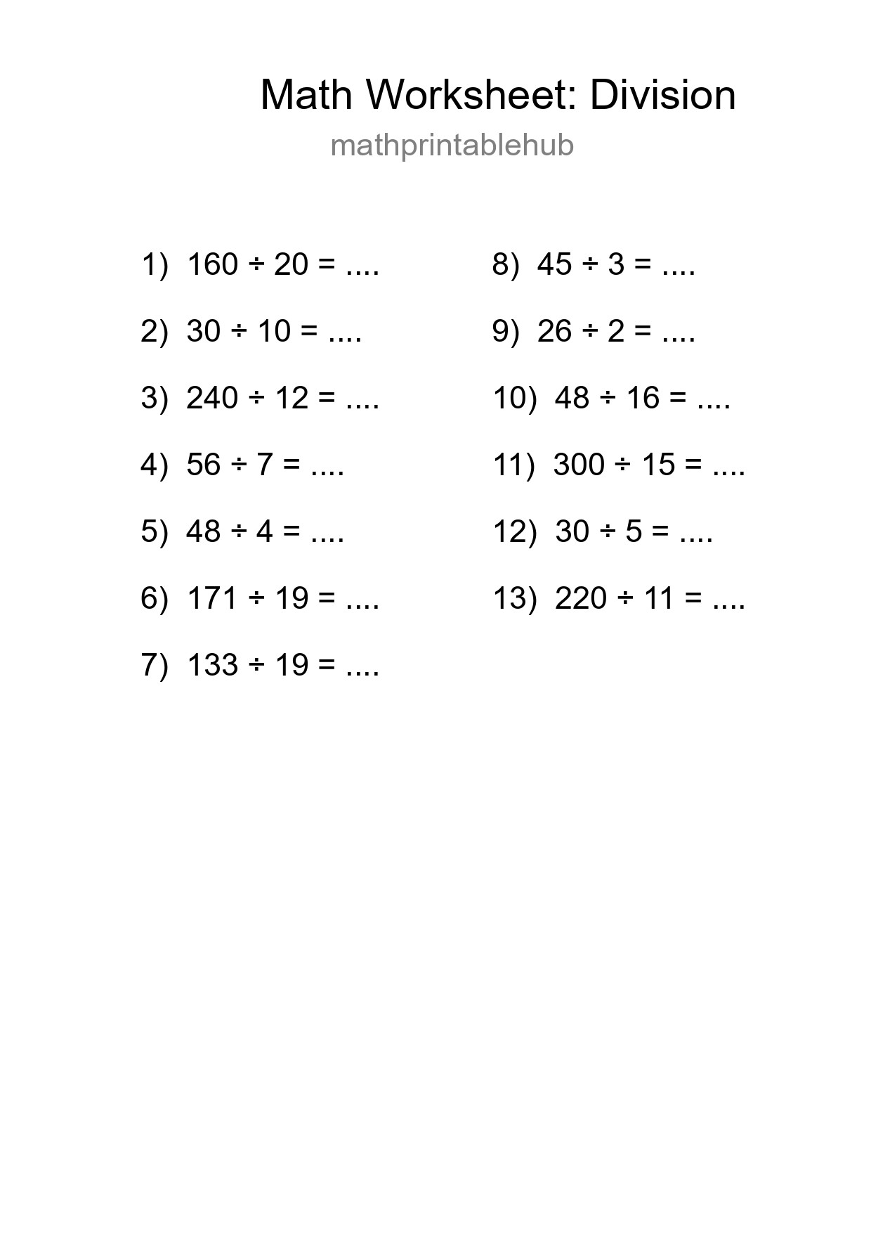 Printable Division Worksheet for Grade 2