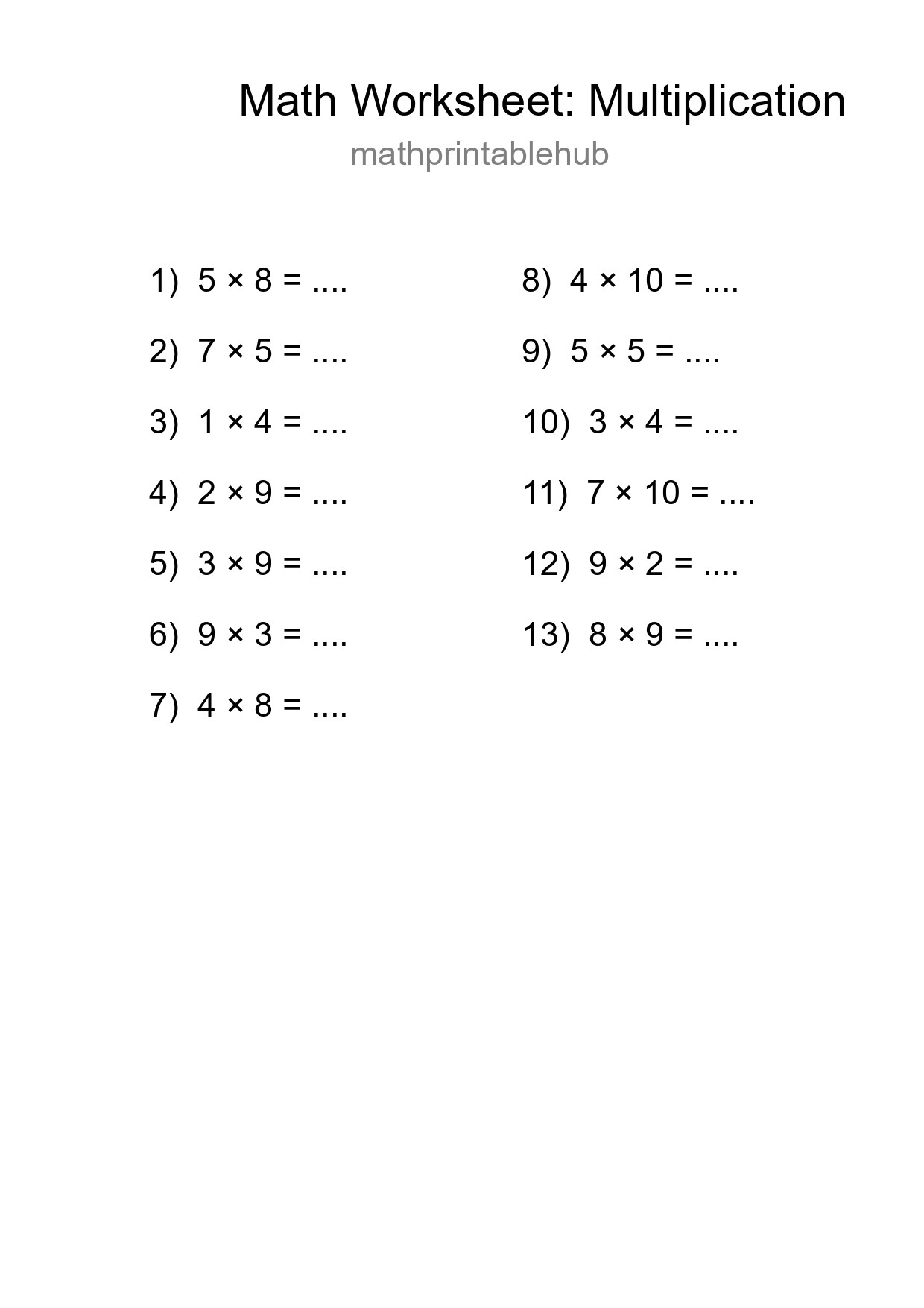 Printable Multiplication Worksheet for Grade 1