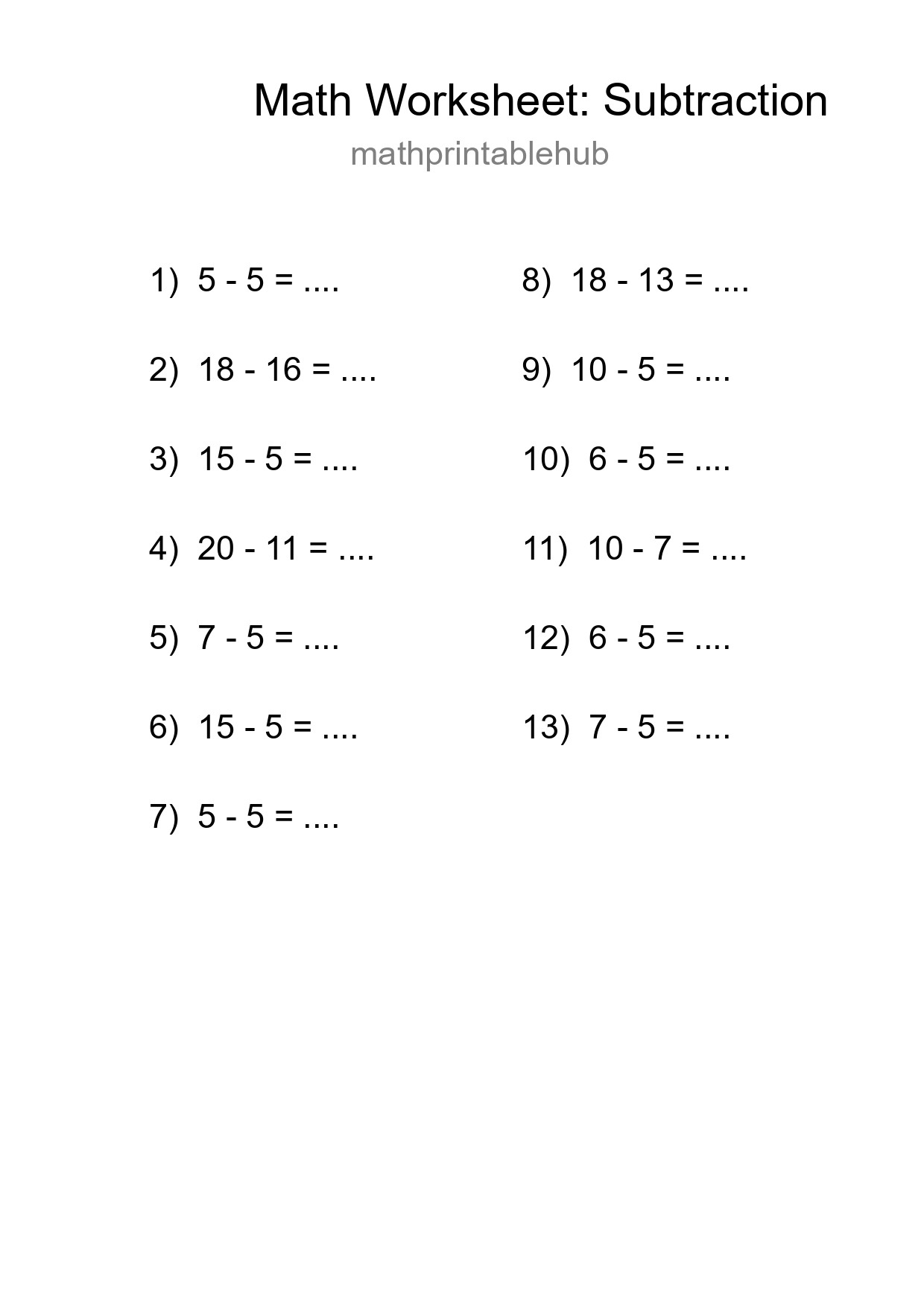 Printable Subtraction Worksheet for Grade 2