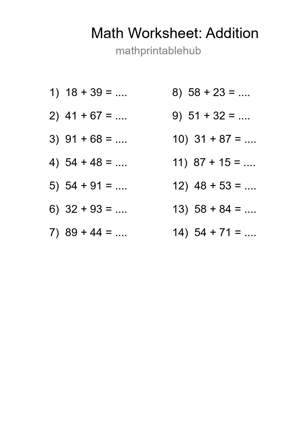 Printable Addition Worksheet for Grade 3