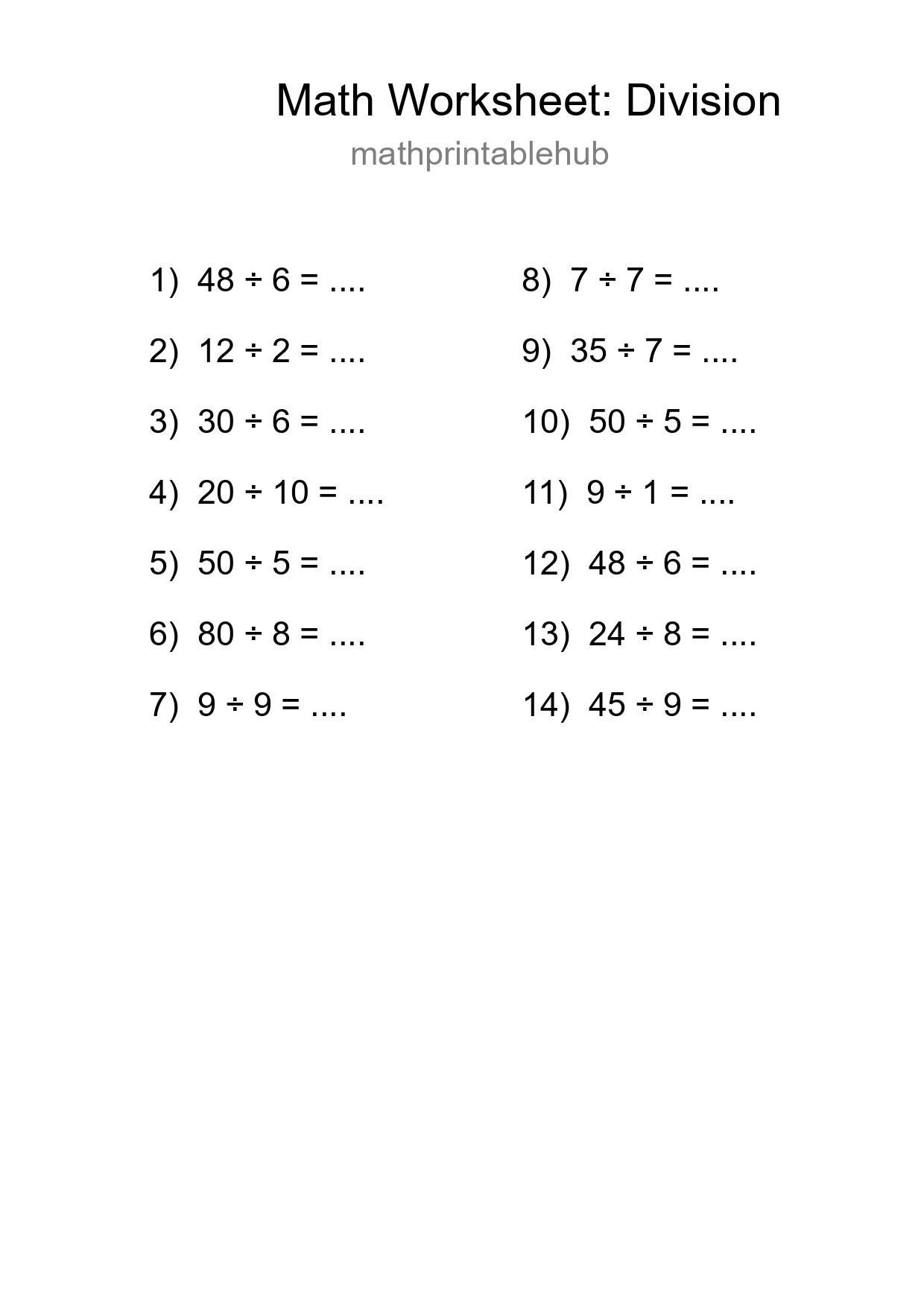Free 14 Division Math Worksheet For Grade 1 - Part 14