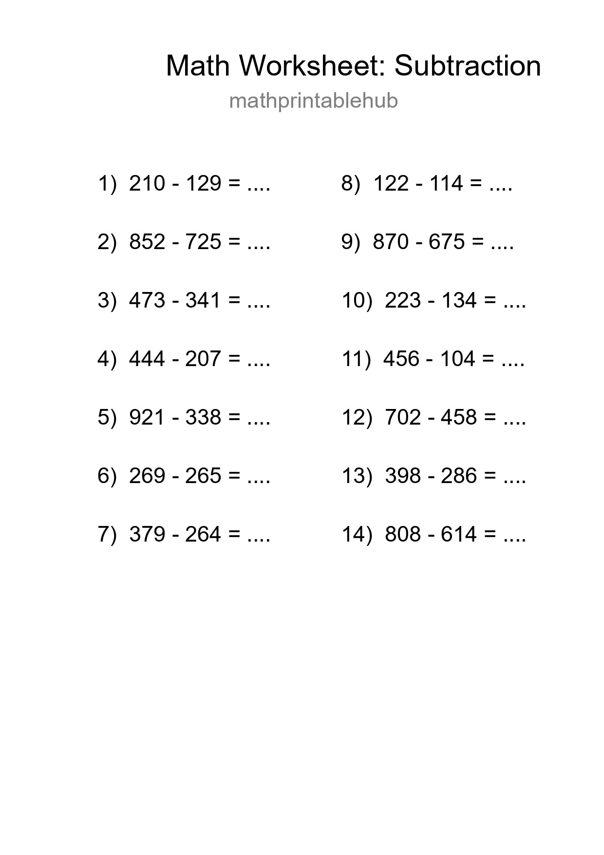 Printable Subtraction Worksheet for Grade 5