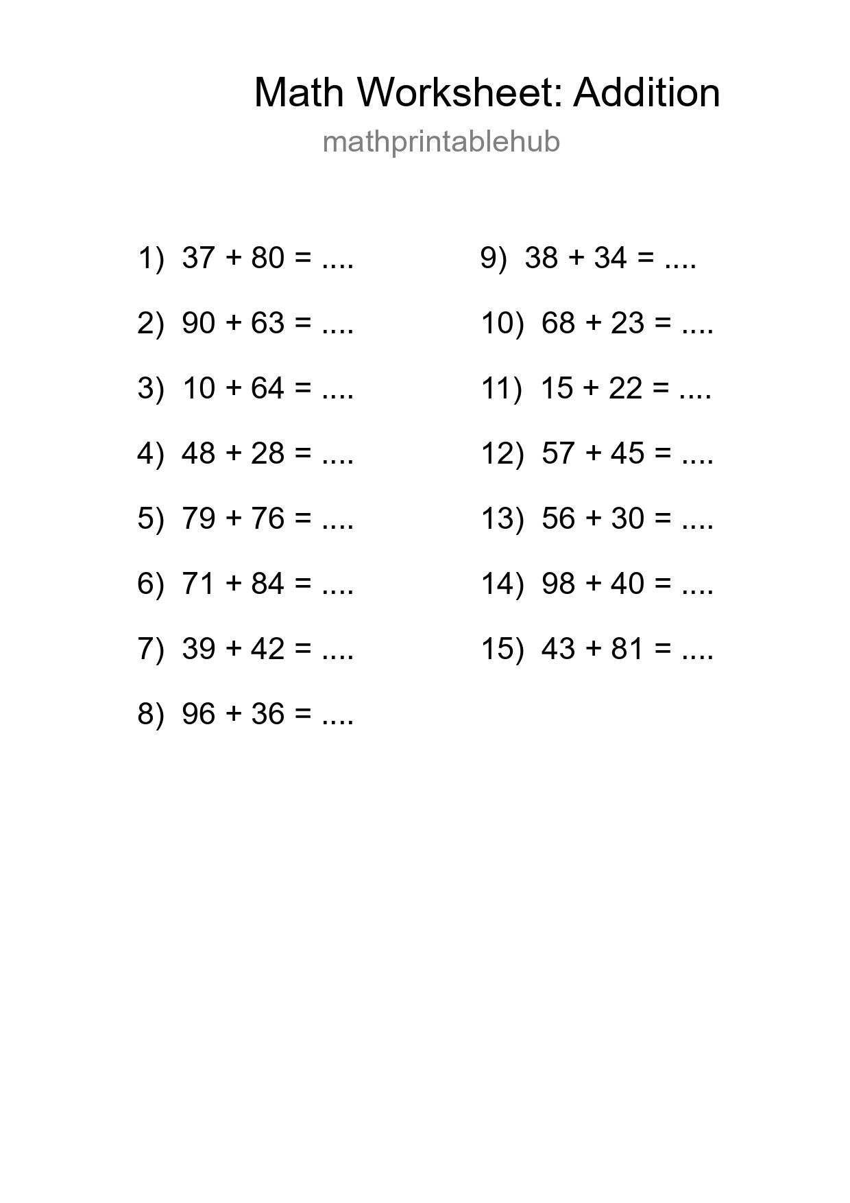 Printable Addition Worksheet for Grade 3