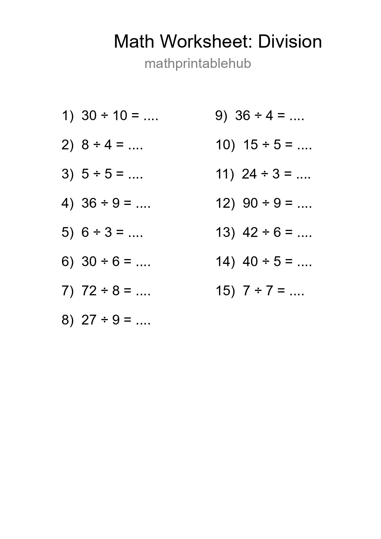 Printable Division Worksheet for Grade 1