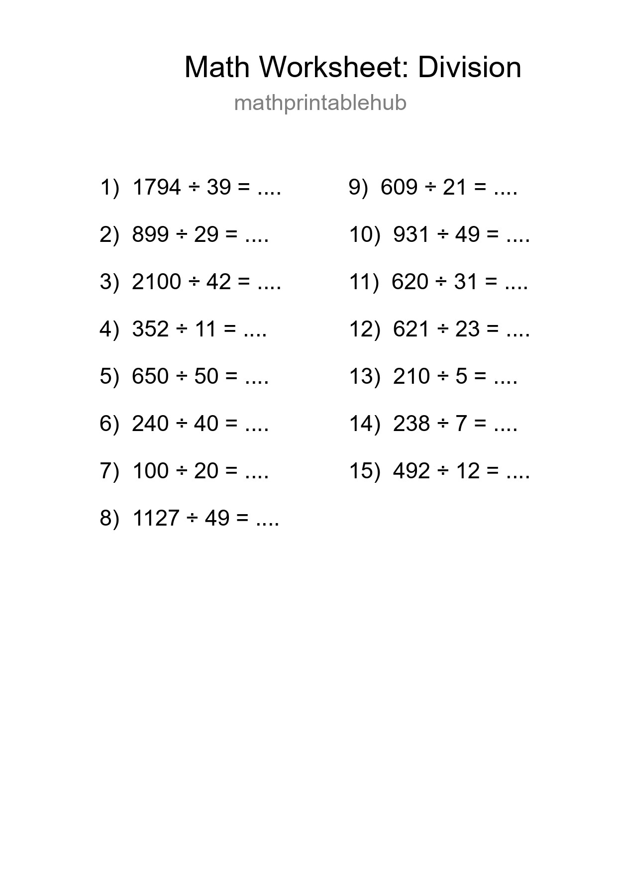 Printable Division Worksheet for Grade 2
