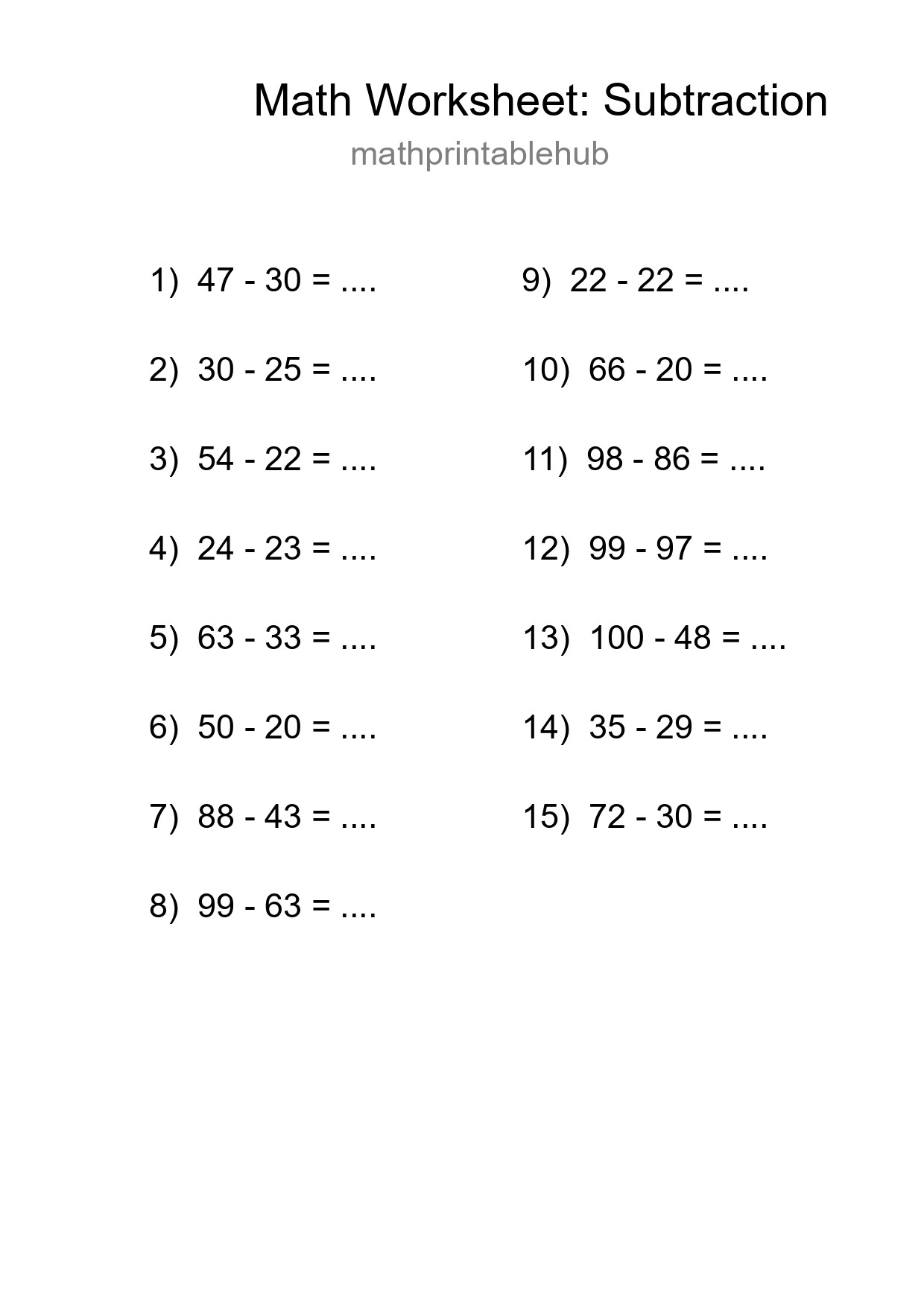 Printable Subtraction Worksheet for Grade 3