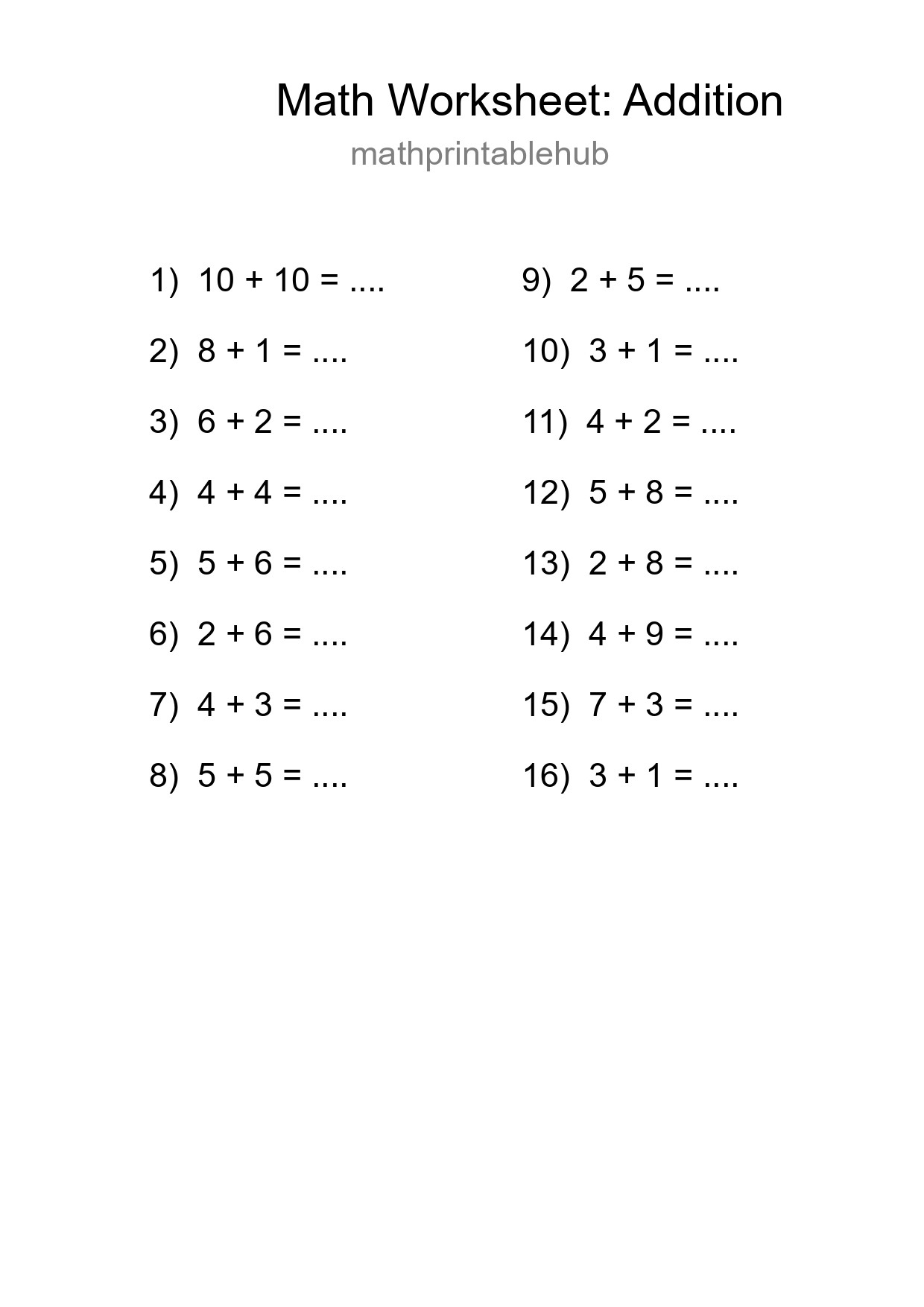 Printable Addition Worksheet for Grade 1