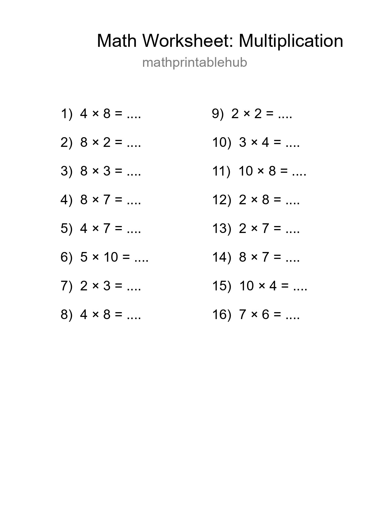 Printable Multiplication Worksheet for Grade 1