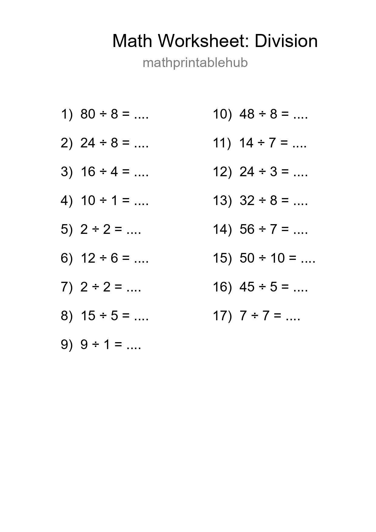 Printable Division Worksheet for Grade 1