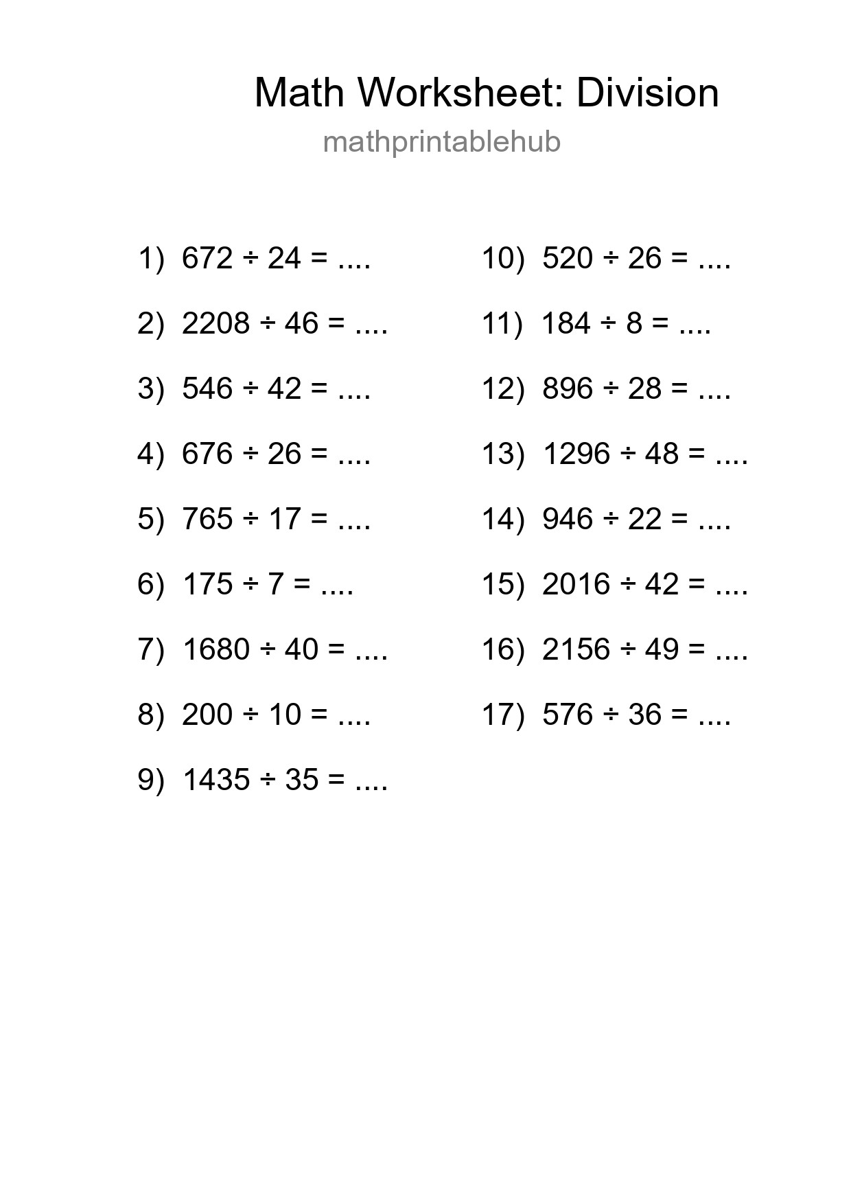 Printable Division Worksheet for Grade 2