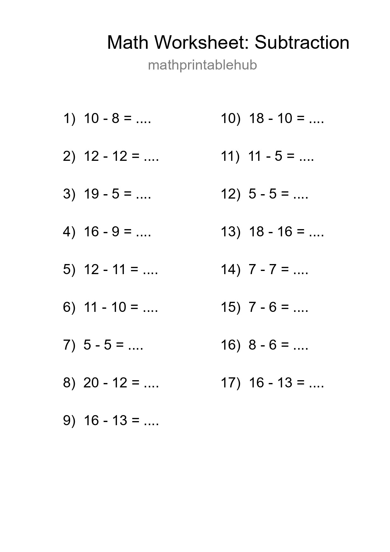 Printable Subtraction Worksheet for Grade 2