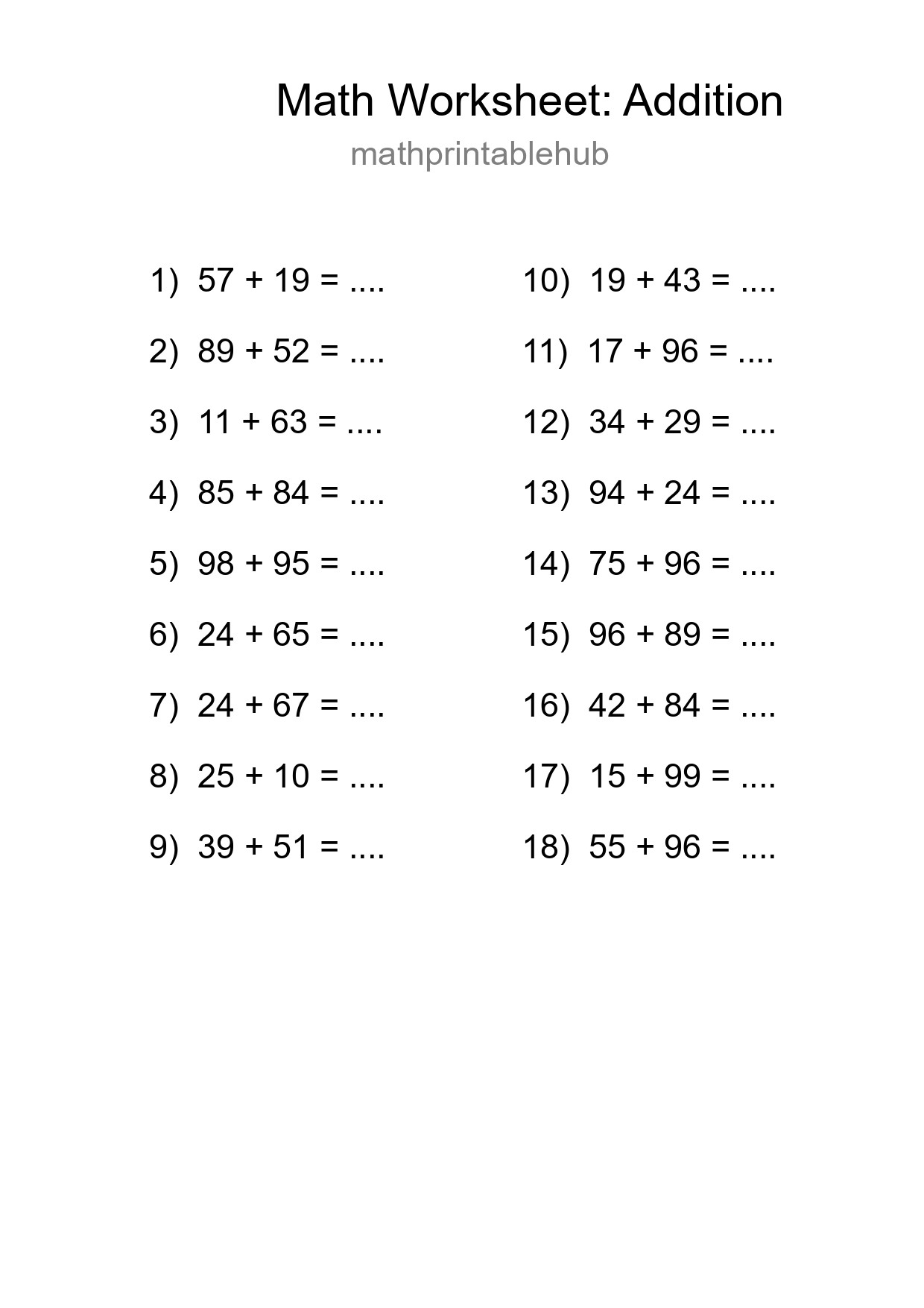 Printable Addition Worksheet for Grade 3