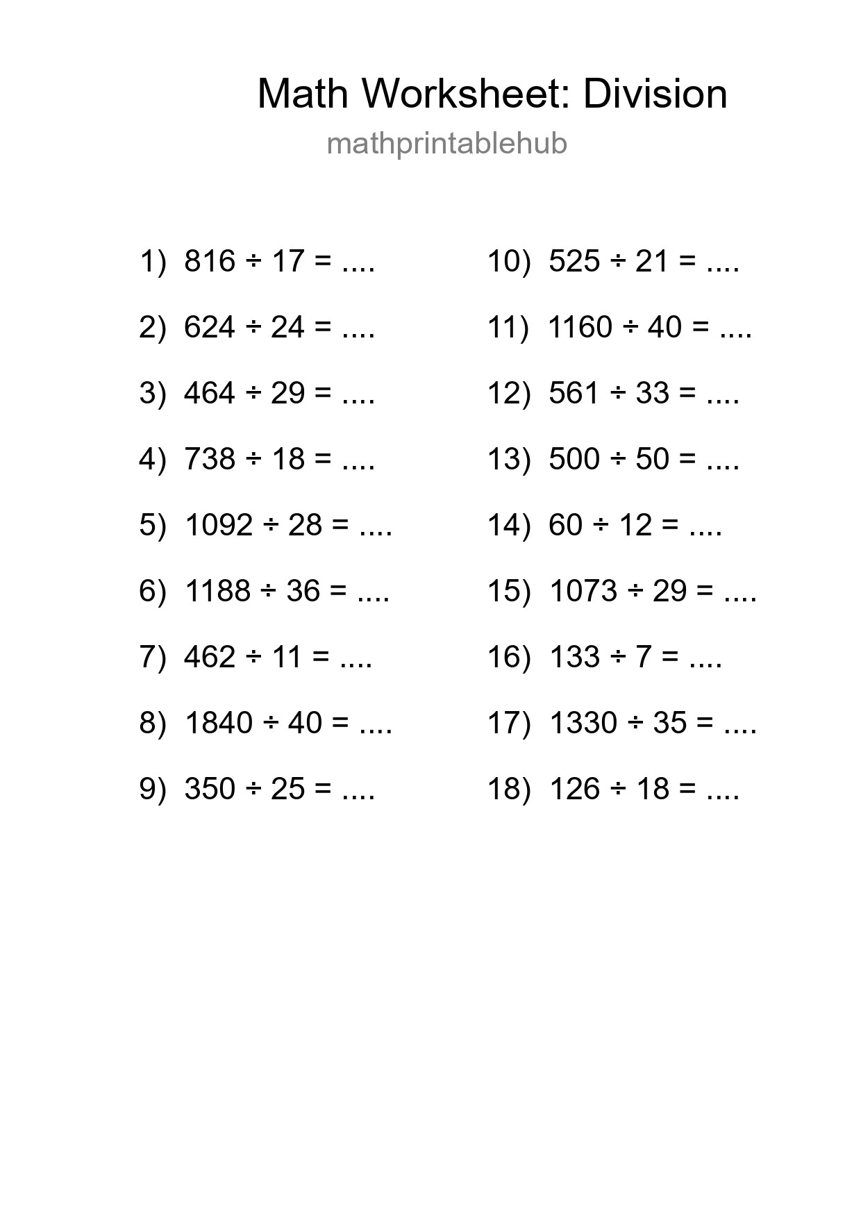 Printable Division Worksheet for Grade 2