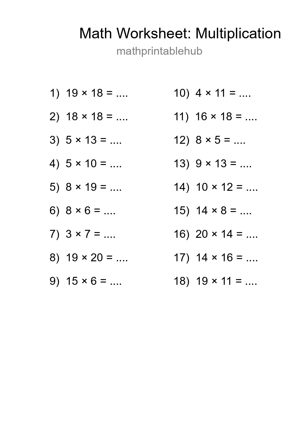 Printable Multiplication Worksheet for Grade 2