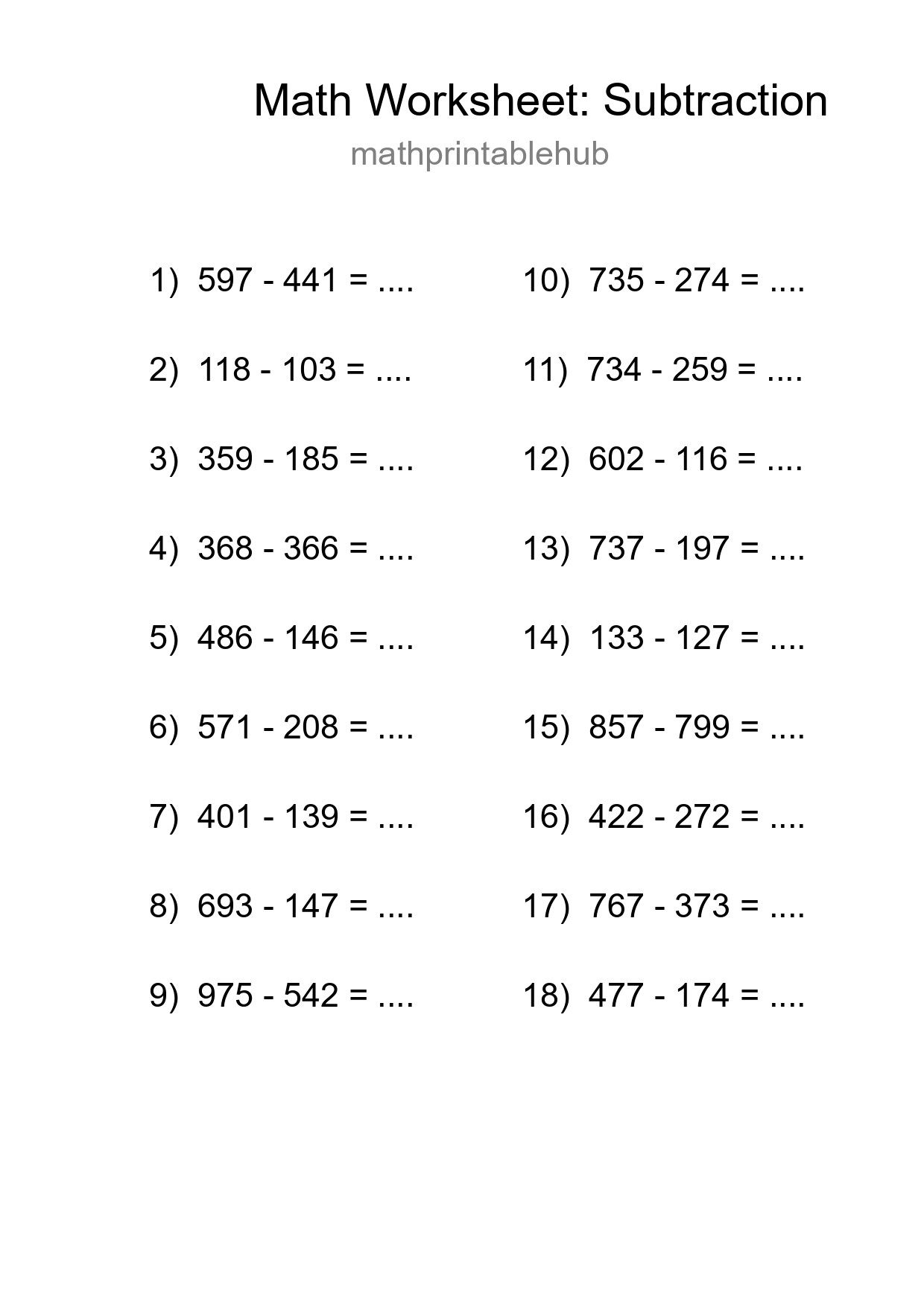 Printable Subtraction Worksheet for Grade 5