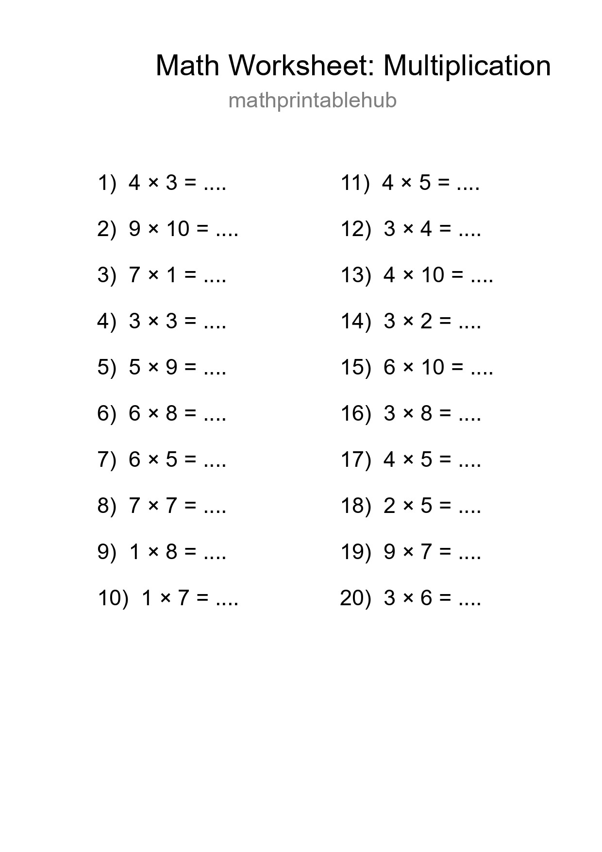 Free 20 Multiplication Math Worksheet For Grade 1 With Answers - Part 27