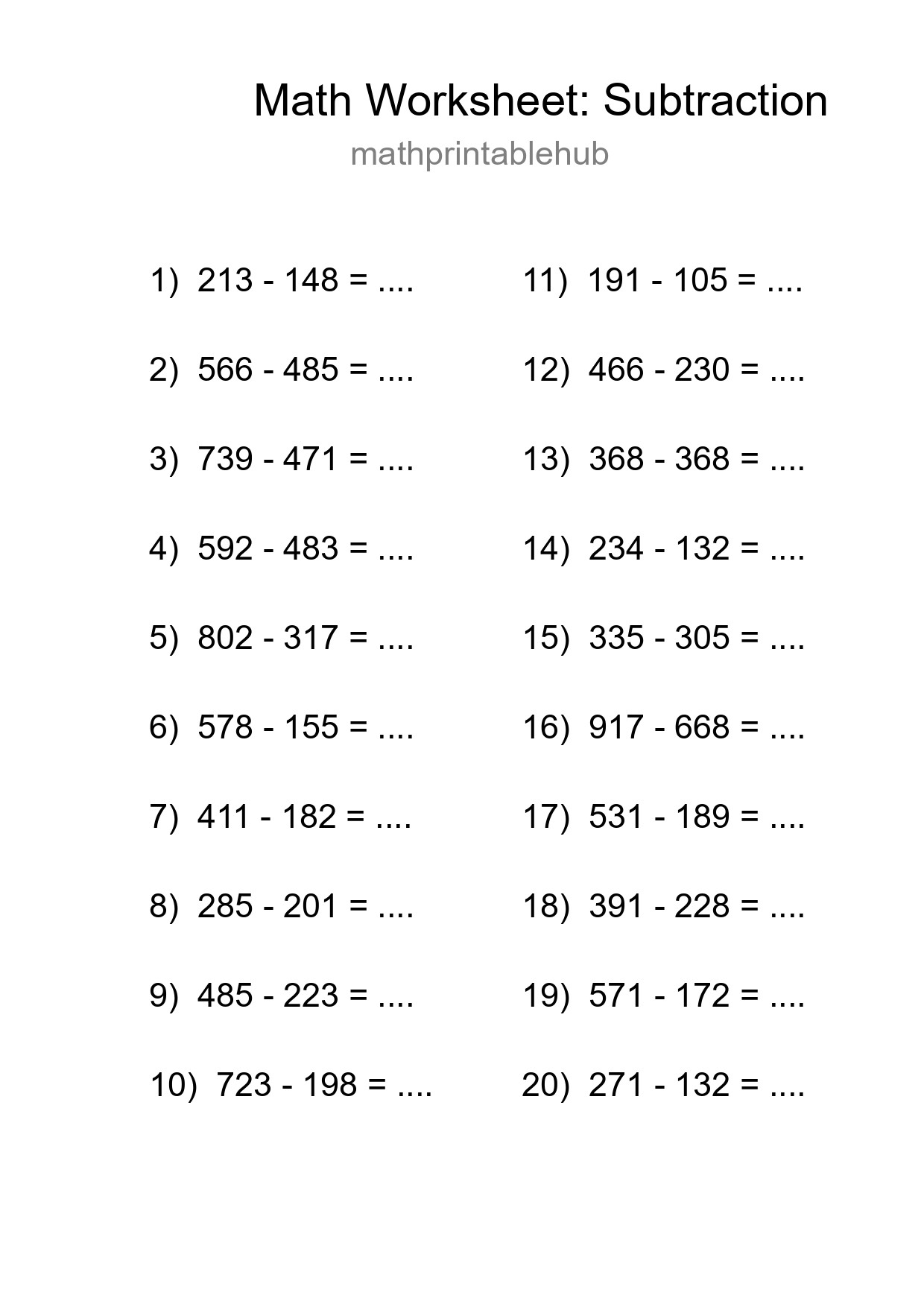 Free 20 Subtraction Math Worksheet For Grade 5 With Answers - Part 98