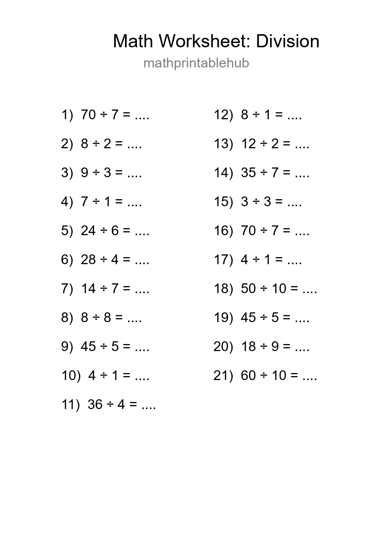 Free 21 Division Math Worksheet For Grade 1 With Answers - Part 44