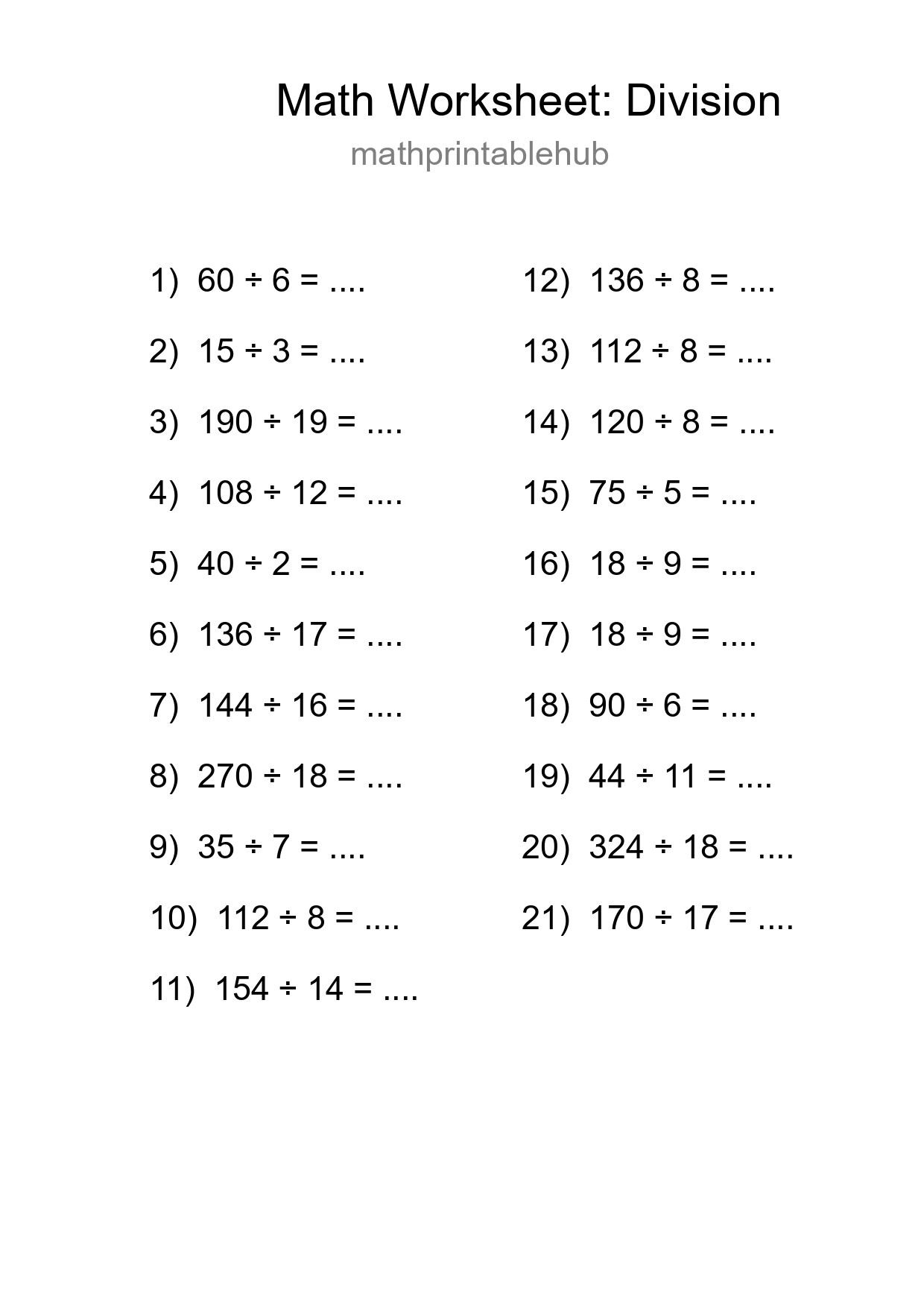 Printable Division Worksheet for Grade 2