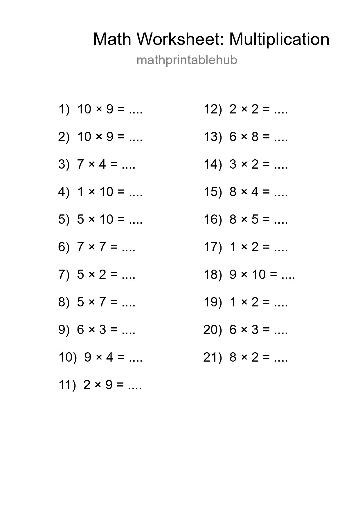 Printable Multiplication Worksheet for Grade 1