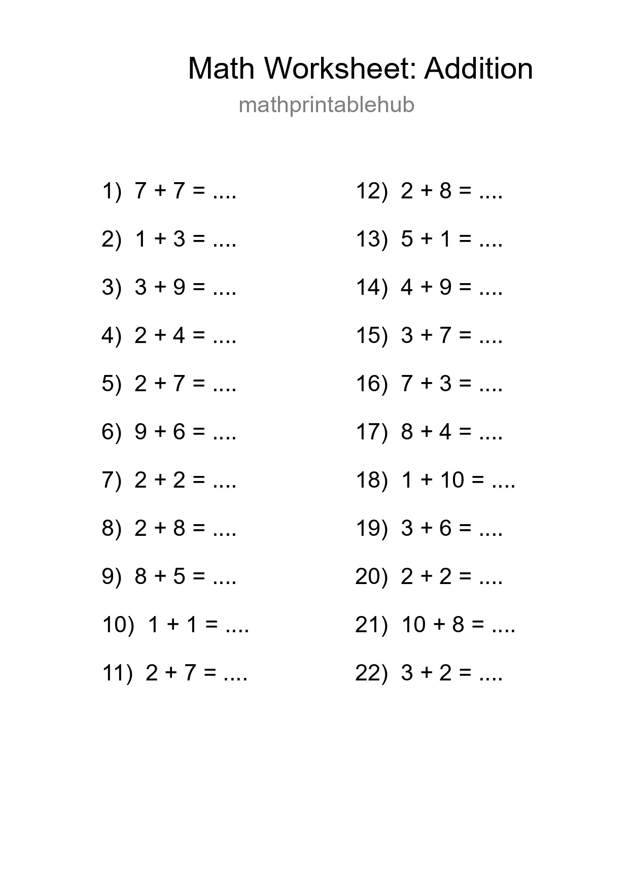 Printable Addition Worksheet for Grade 1