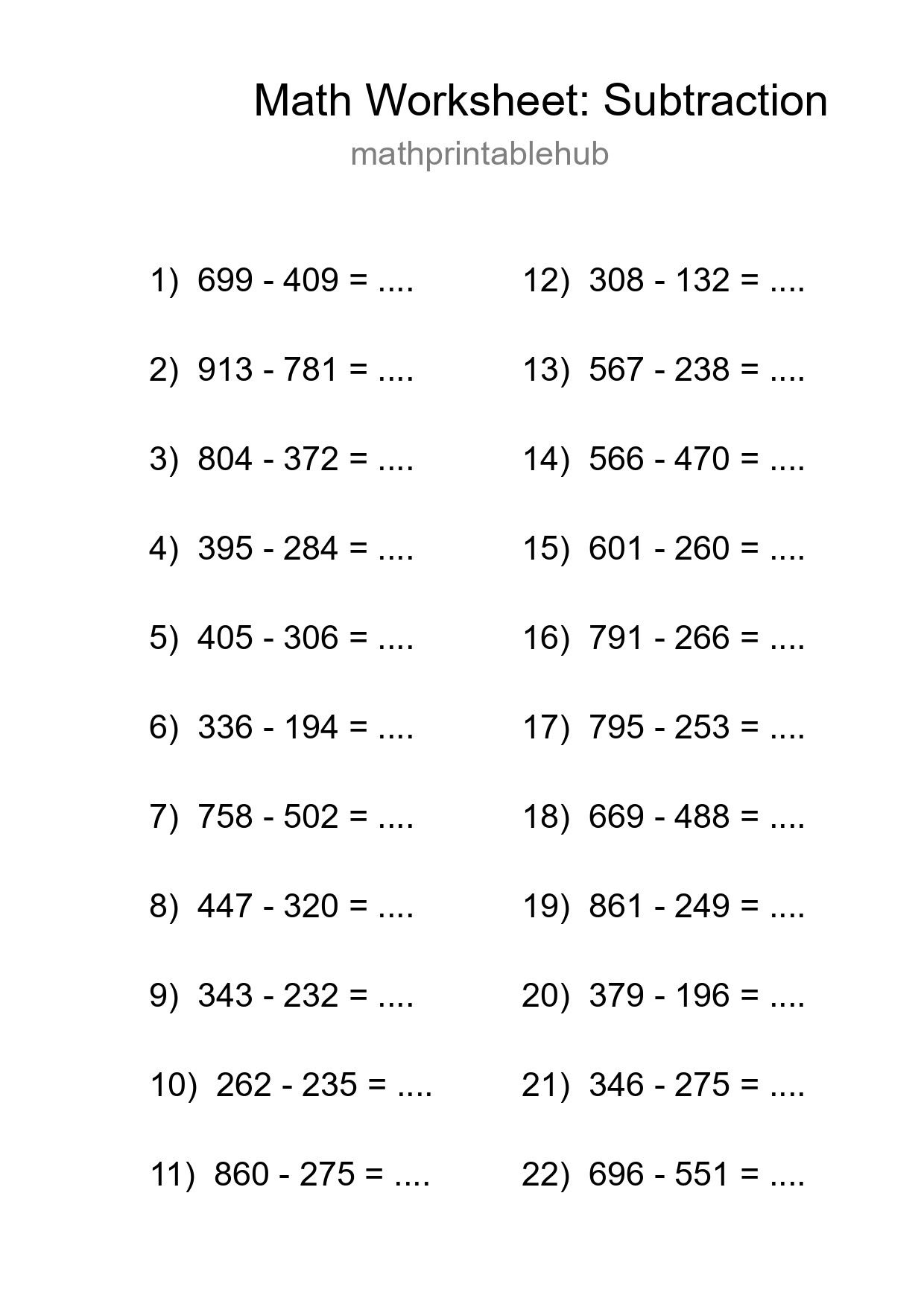 Printable Subtraction Worksheet for Grade 5