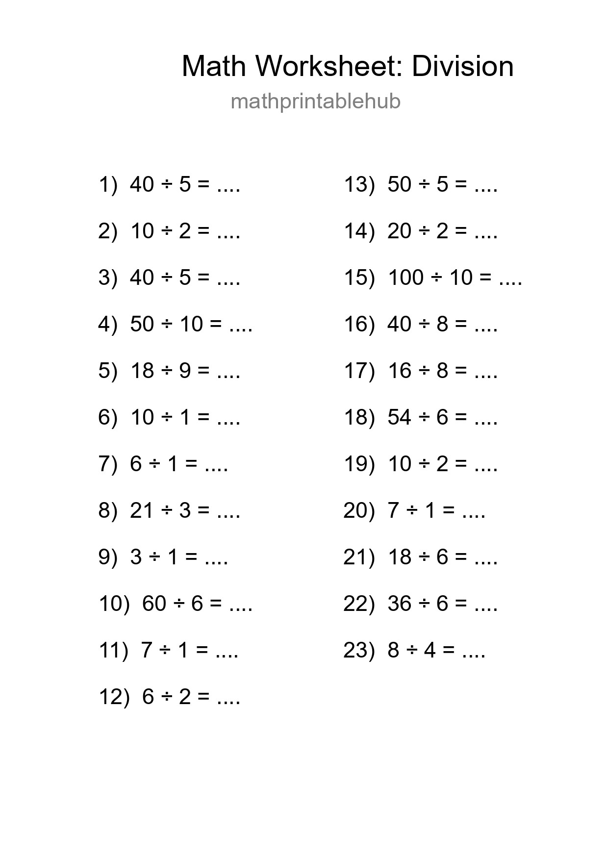 Printable Division Worksheet for Grade 1