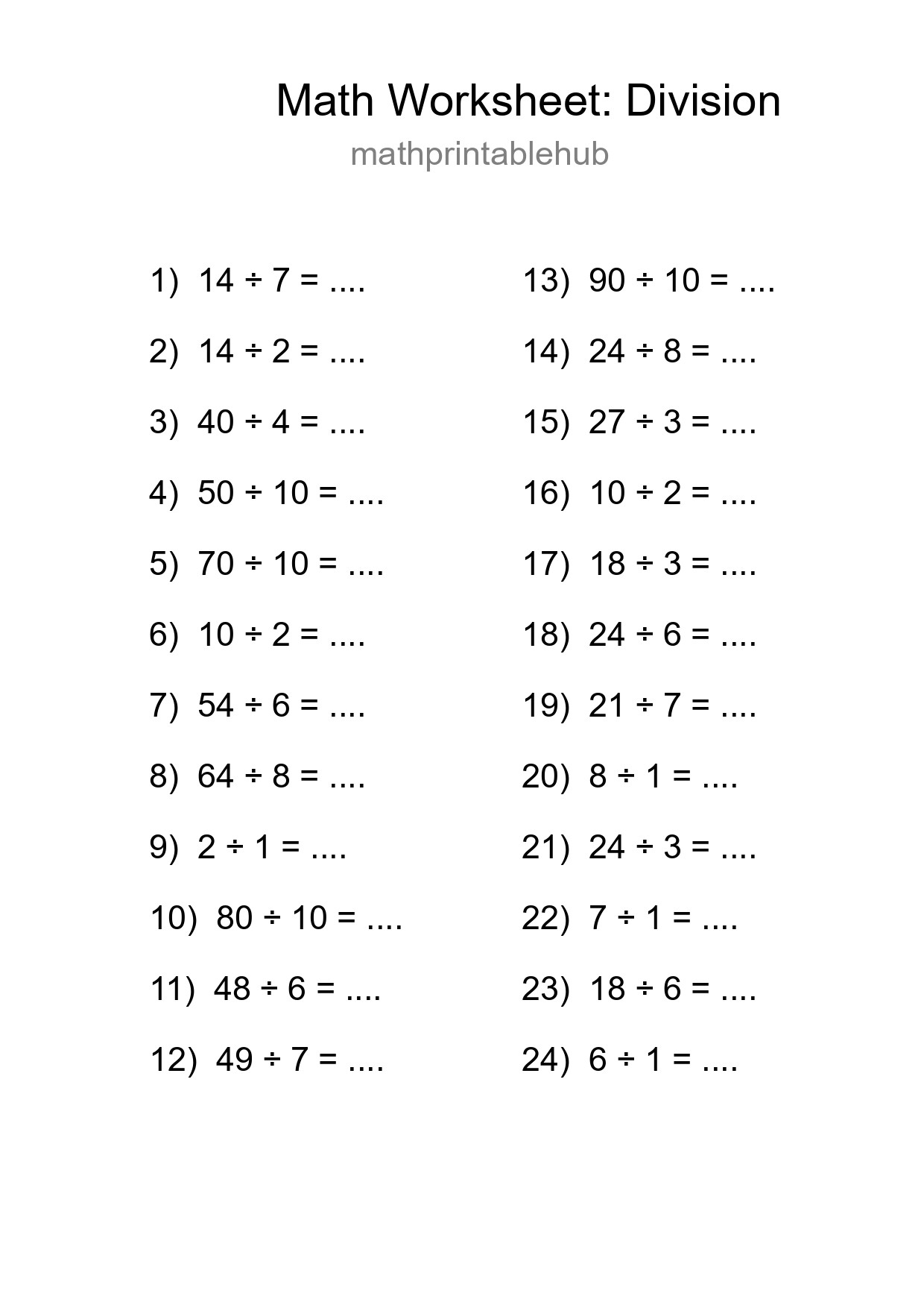 Printable Division Worksheet for Grade 1
