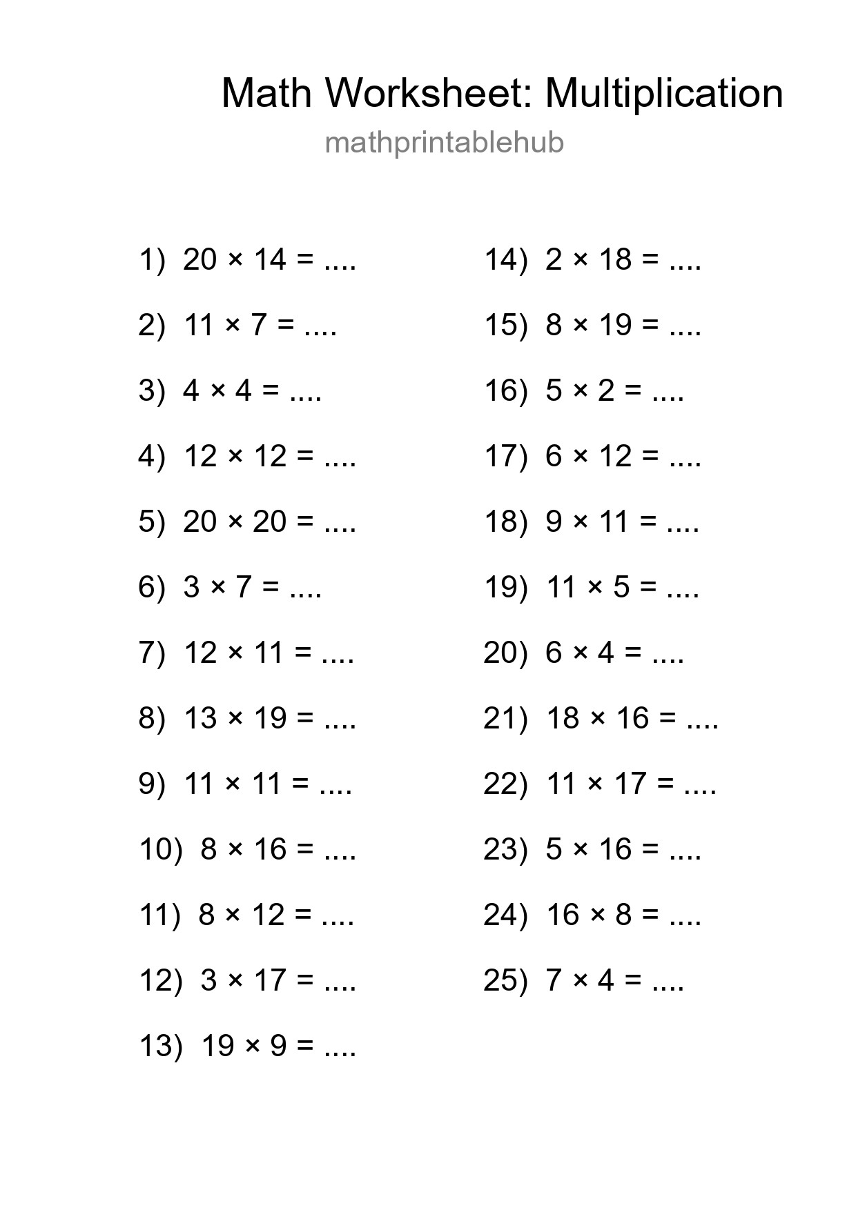 Printable Multiplication Worksheet for Grade 2