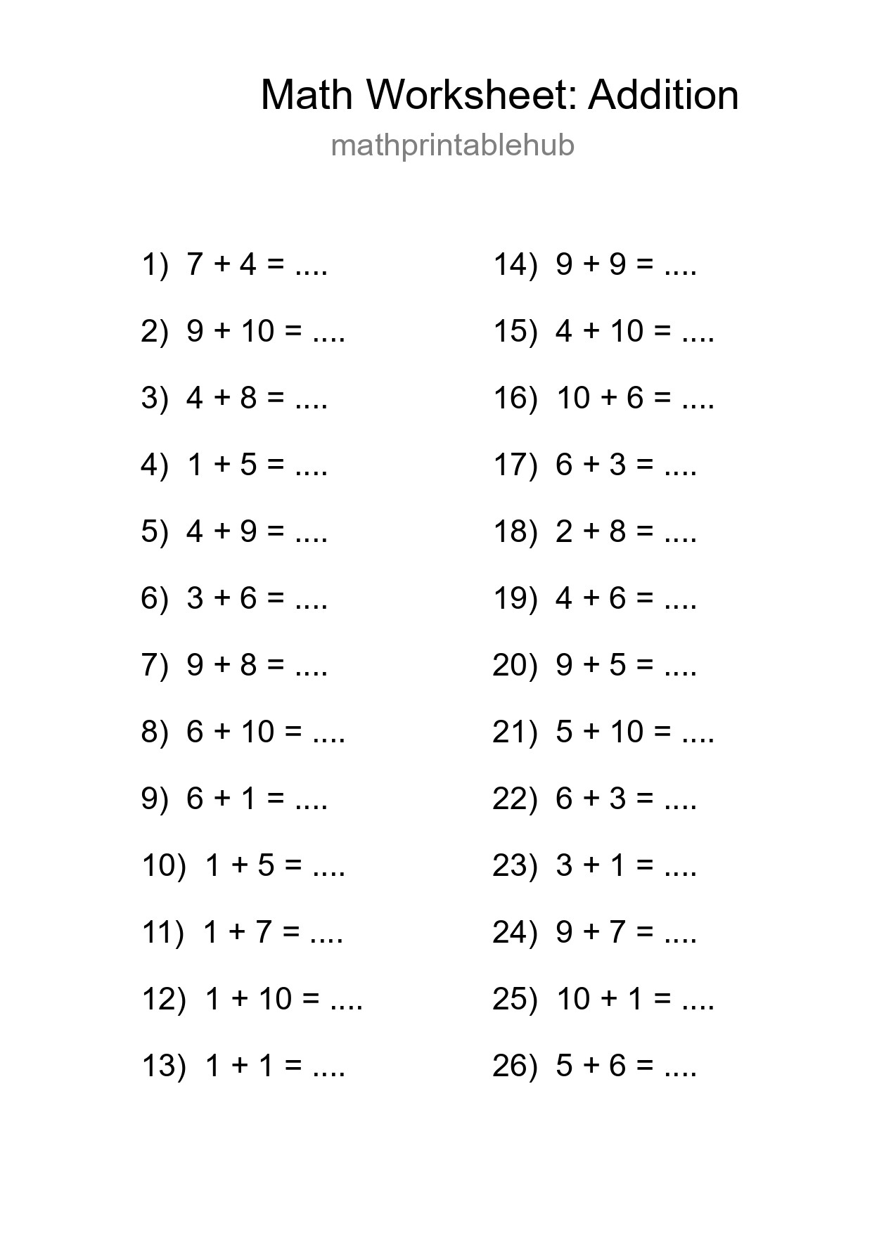 Printable Addition Worksheet for Grade 1