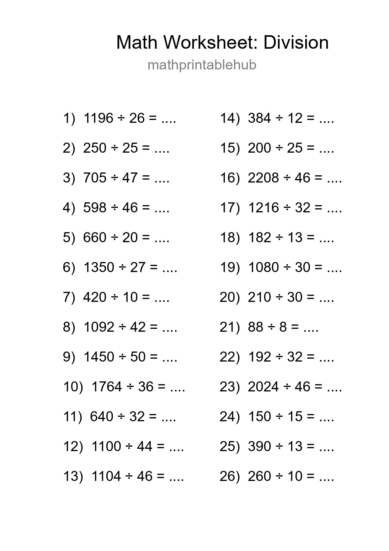 Printable Division Worksheet for Grade 2