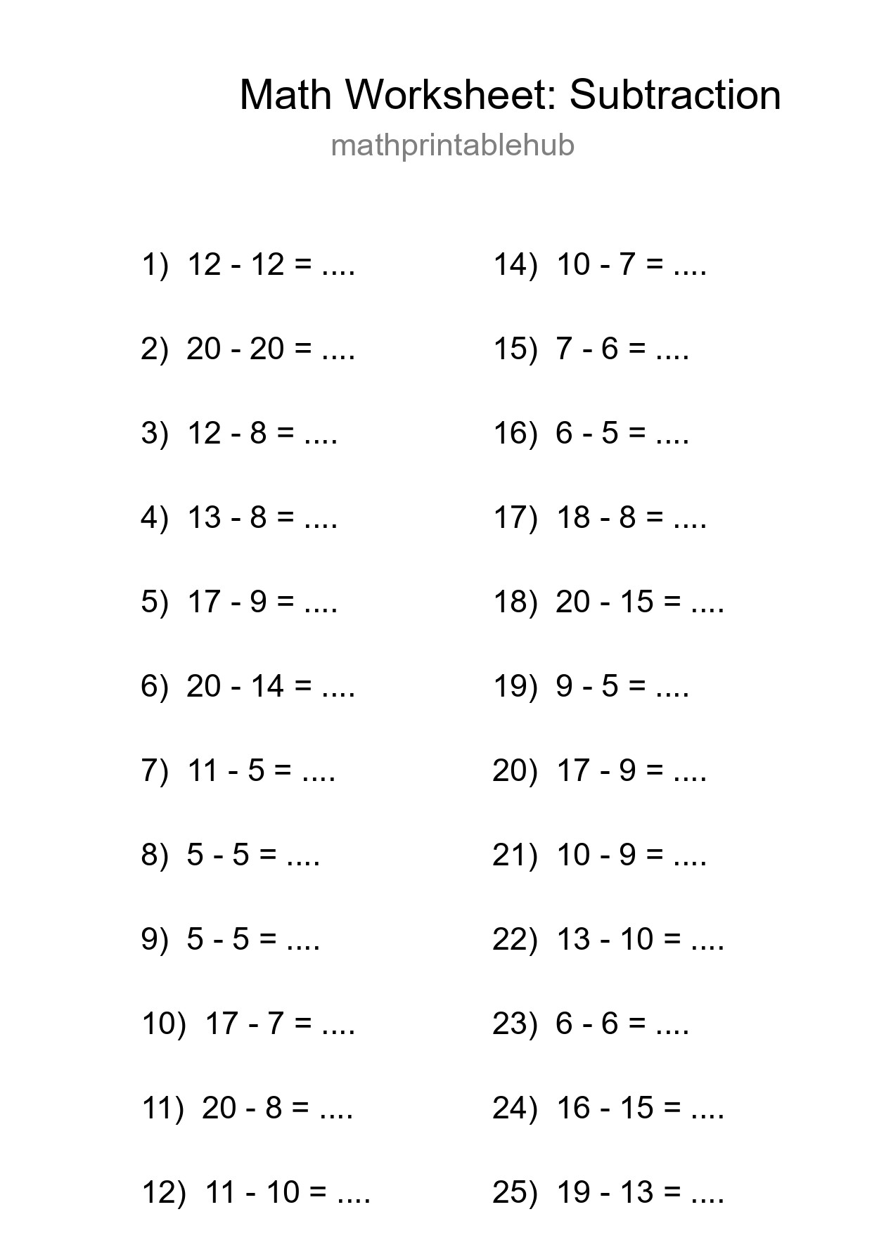 Printable Subtraction Worksheet for Grade 2