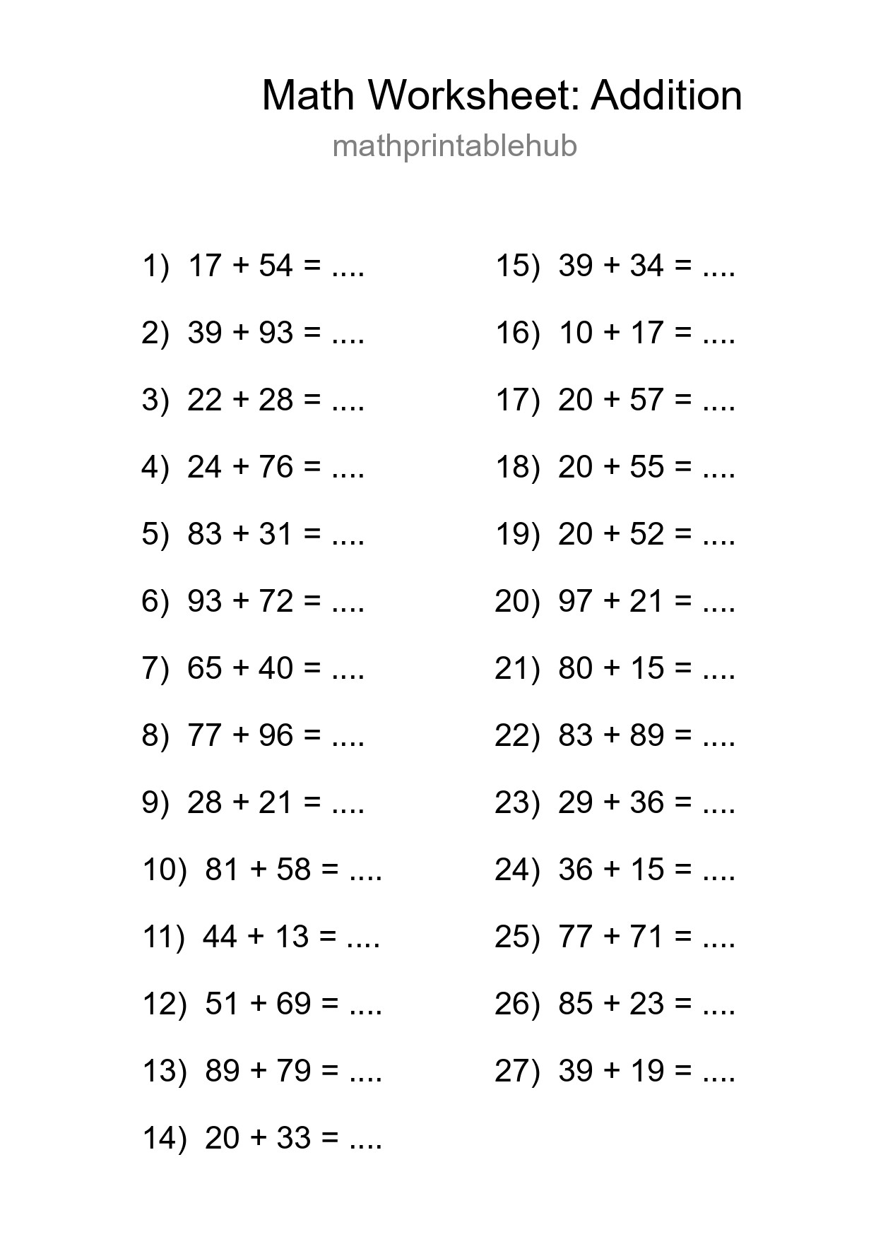 Free 27 Addition Math Worksheet For Grade 3 With Answers
